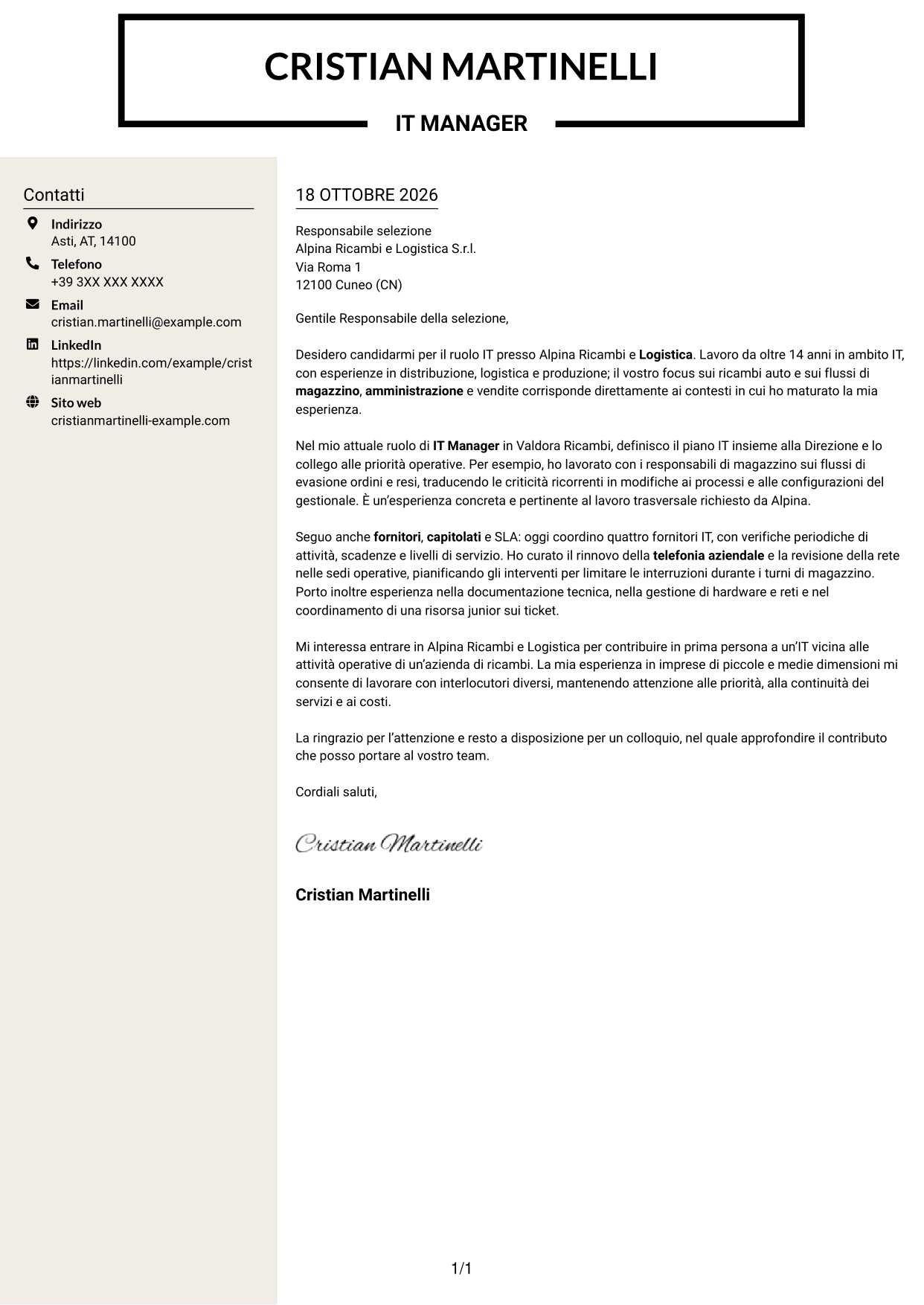 Lettera di presentazione Intraprendente (formato a due colonne con intestazione centrata senza foto): IT Manager - Logistica ricambi auto, pagina 1