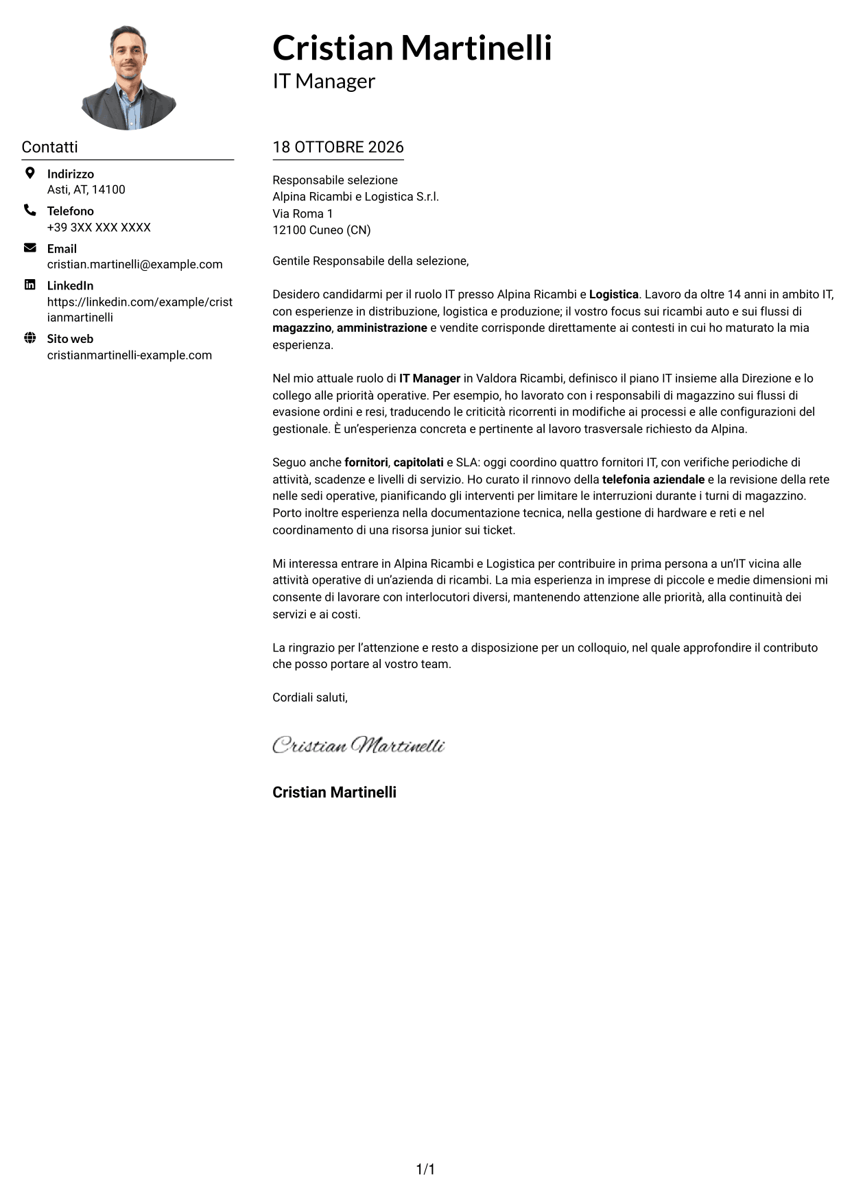 Esempio di lettera di presentazione — pagina 1
