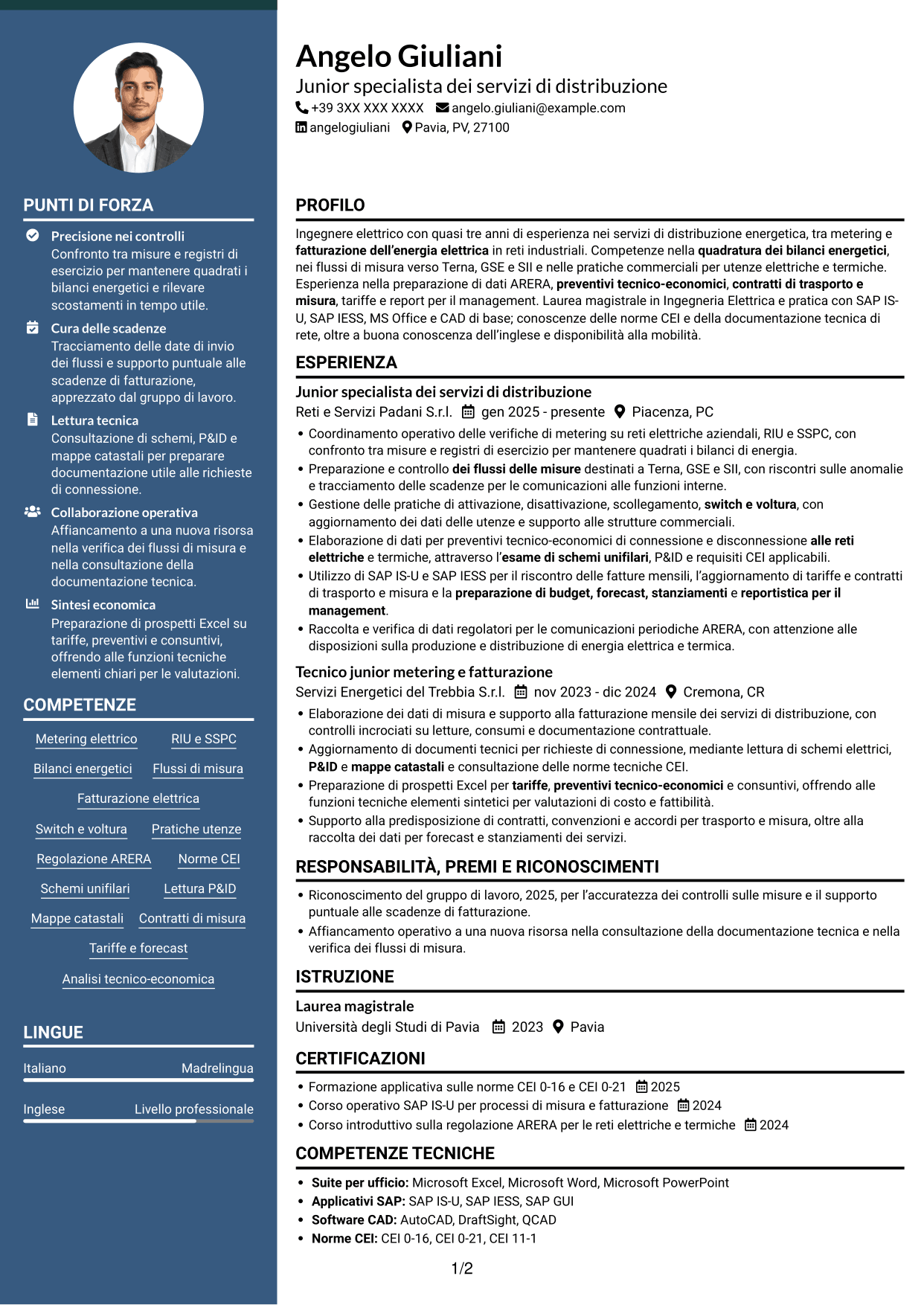 CV Elegante (formato con colonna laterale colorata e foto): Junior Servizi di Distribuzione - Metering e Regolazione, pagina 1