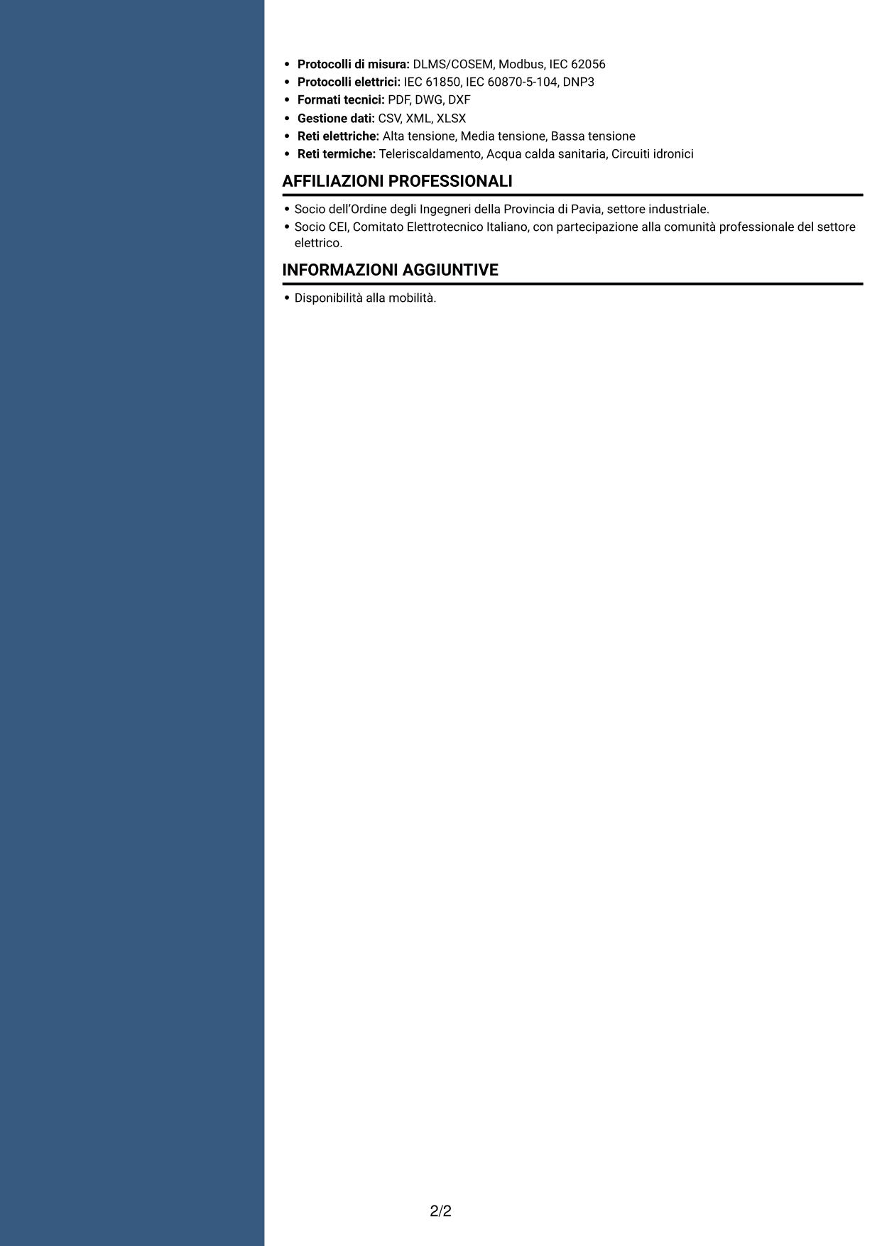 CV Elegante (formato con colonna laterale colorata e foto): Junior Servizi di Distribuzione - Metering e Regolazione, pagina 2