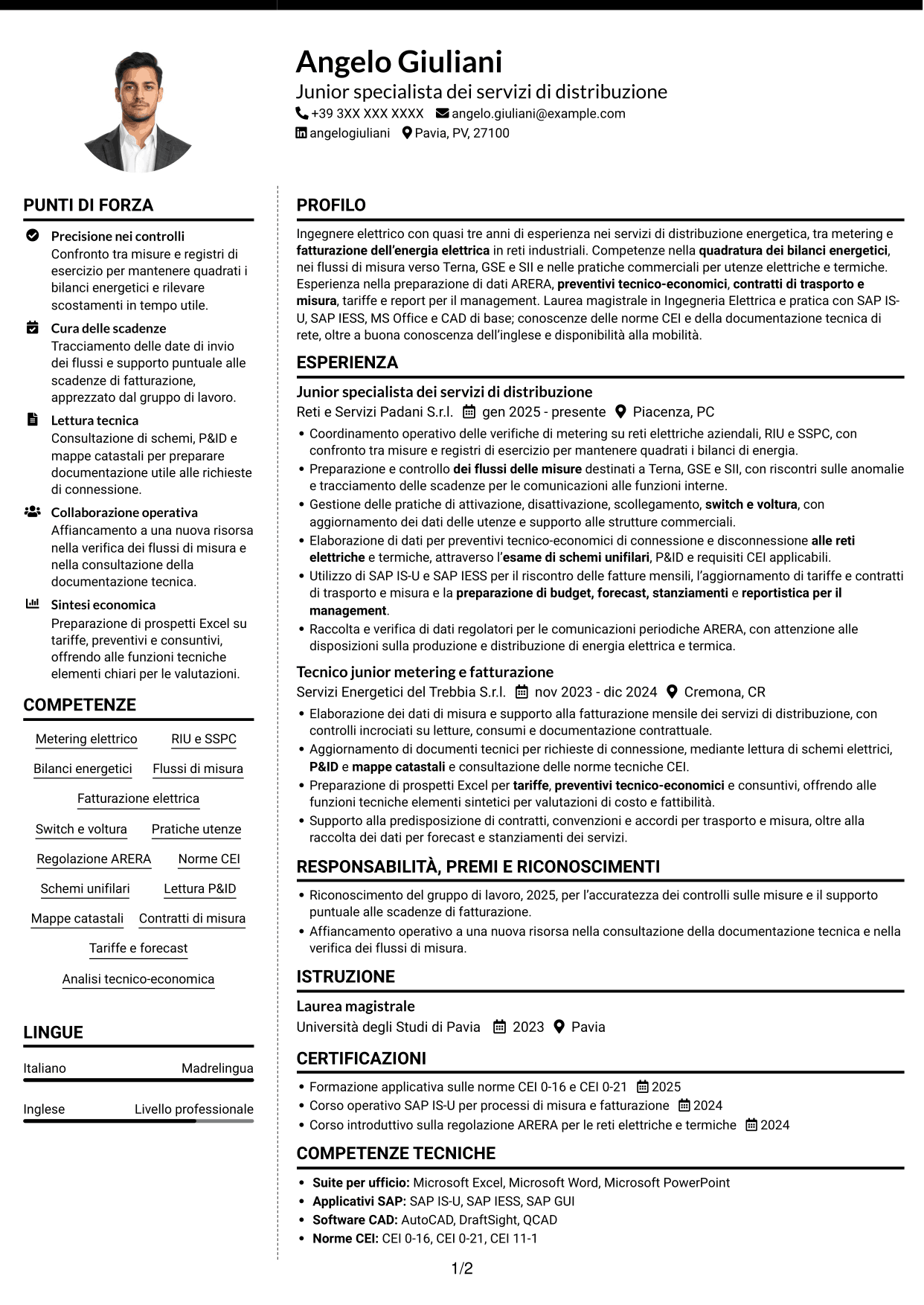 CV Moderno (formato a due colonne con foto a sinistra e separatore): Junior Servizi di Distribuzione - Metering e Regolazione, pagina 1