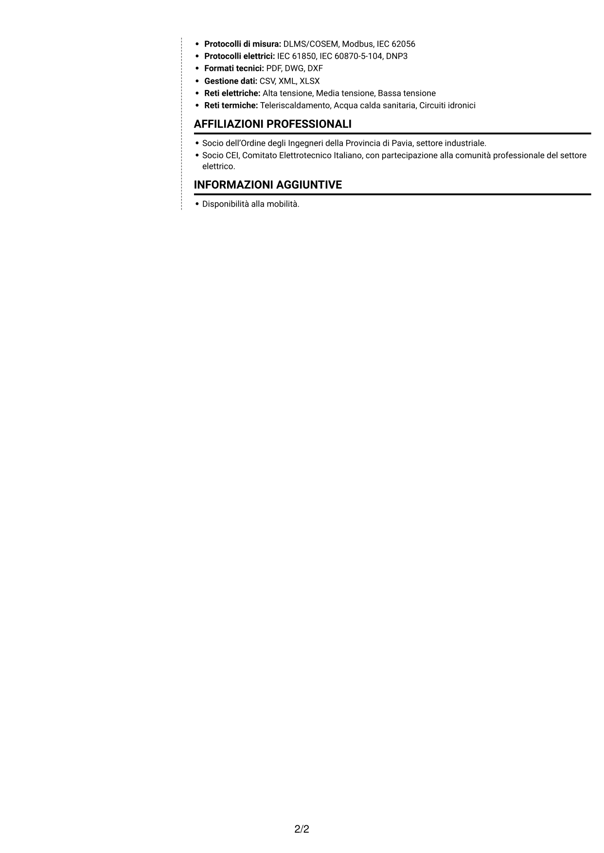 CV Moderno (formato a due colonne con foto a sinistra e separatore): Junior Servizi di Distribuzione - Metering e Regolazione, pagina 2