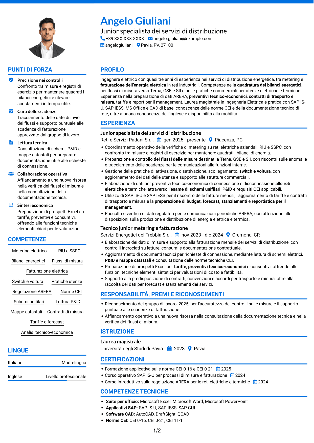 CV Audace (formato a due colonne con accenti colorati e foto): Junior Servizi di Distribuzione - Metering e Regolazione, pagina 1