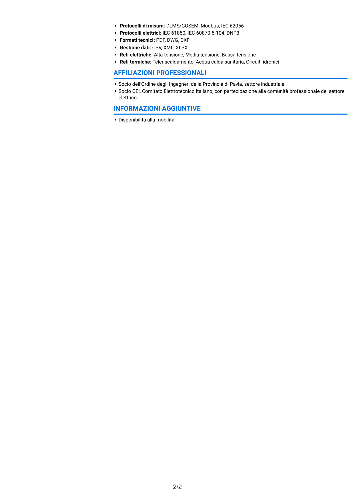 CV Audace (formato a due colonne con accenti colorati e foto): Junior Servizi di Distribuzione - Metering e Regolazione, pagina 2