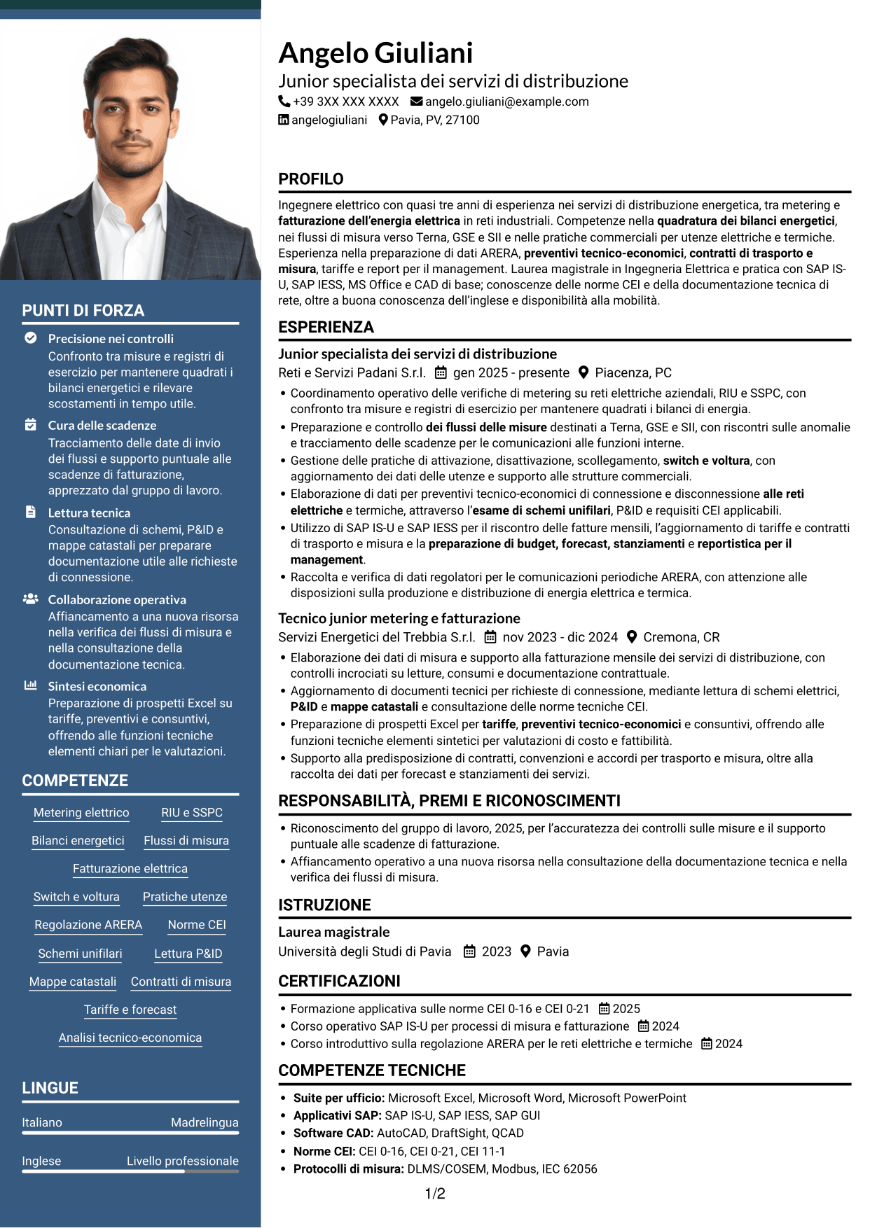 CV Signature (formato con colonna laterale colorata e foto grande): Junior Servizi di Distribuzione - Metering e Regolazione, pagina 1