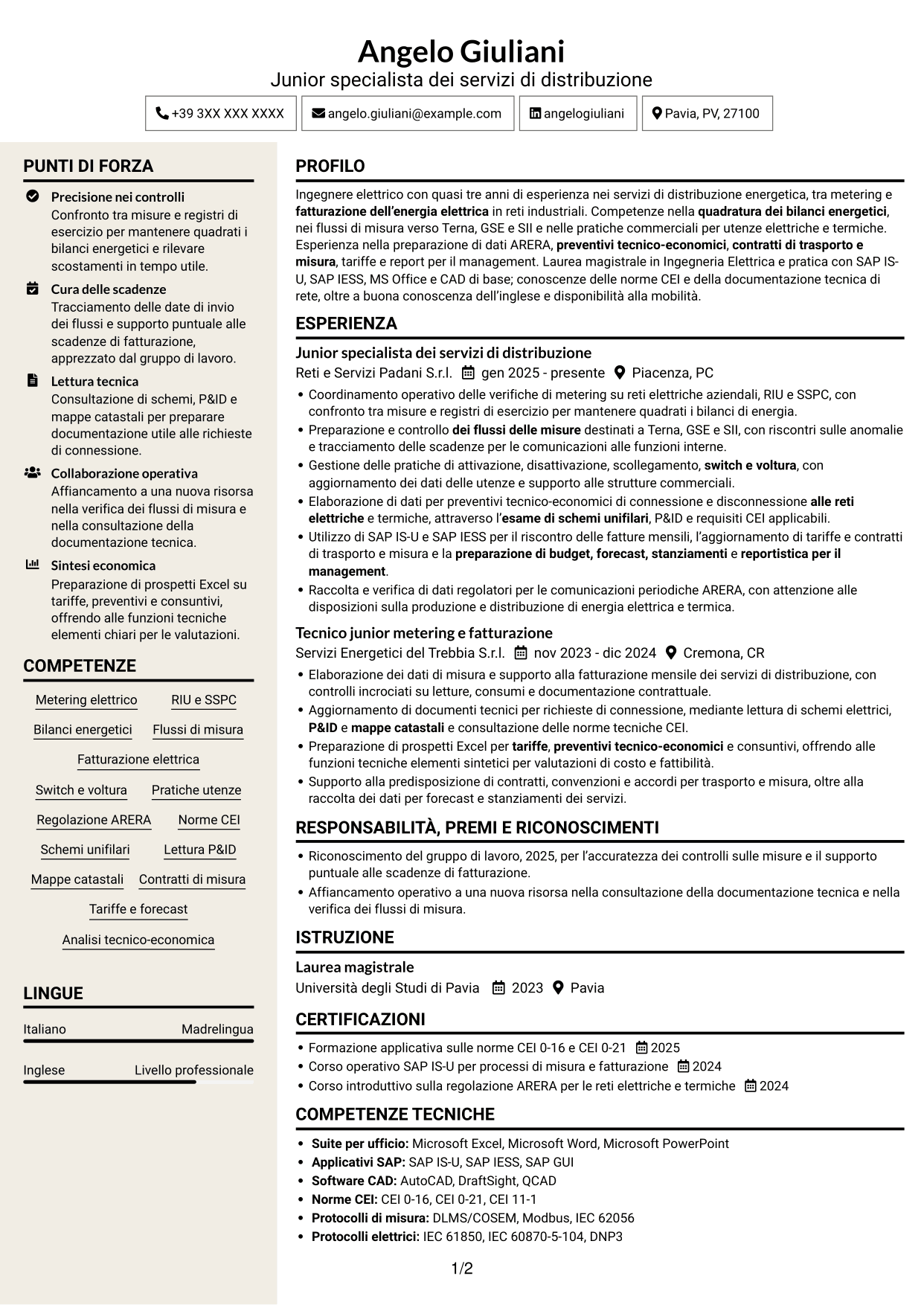 CV Intraprendente (formato a due colonne con intestazione centrata senza foto): Junior Servizi di Distribuzione - Metering e Regolazione, pagina 1
