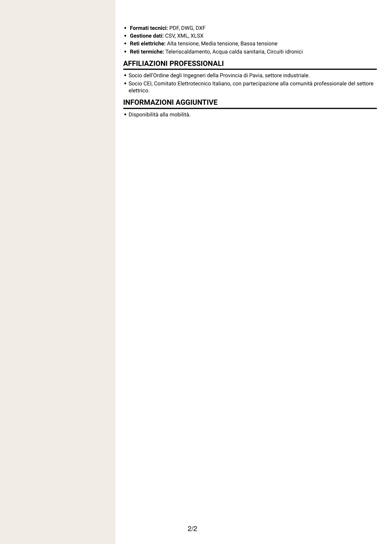CV Intraprendente (formato a due colonne con intestazione centrata senza foto): Junior Servizi di Distribuzione - Metering e Regolazione, pagina 2