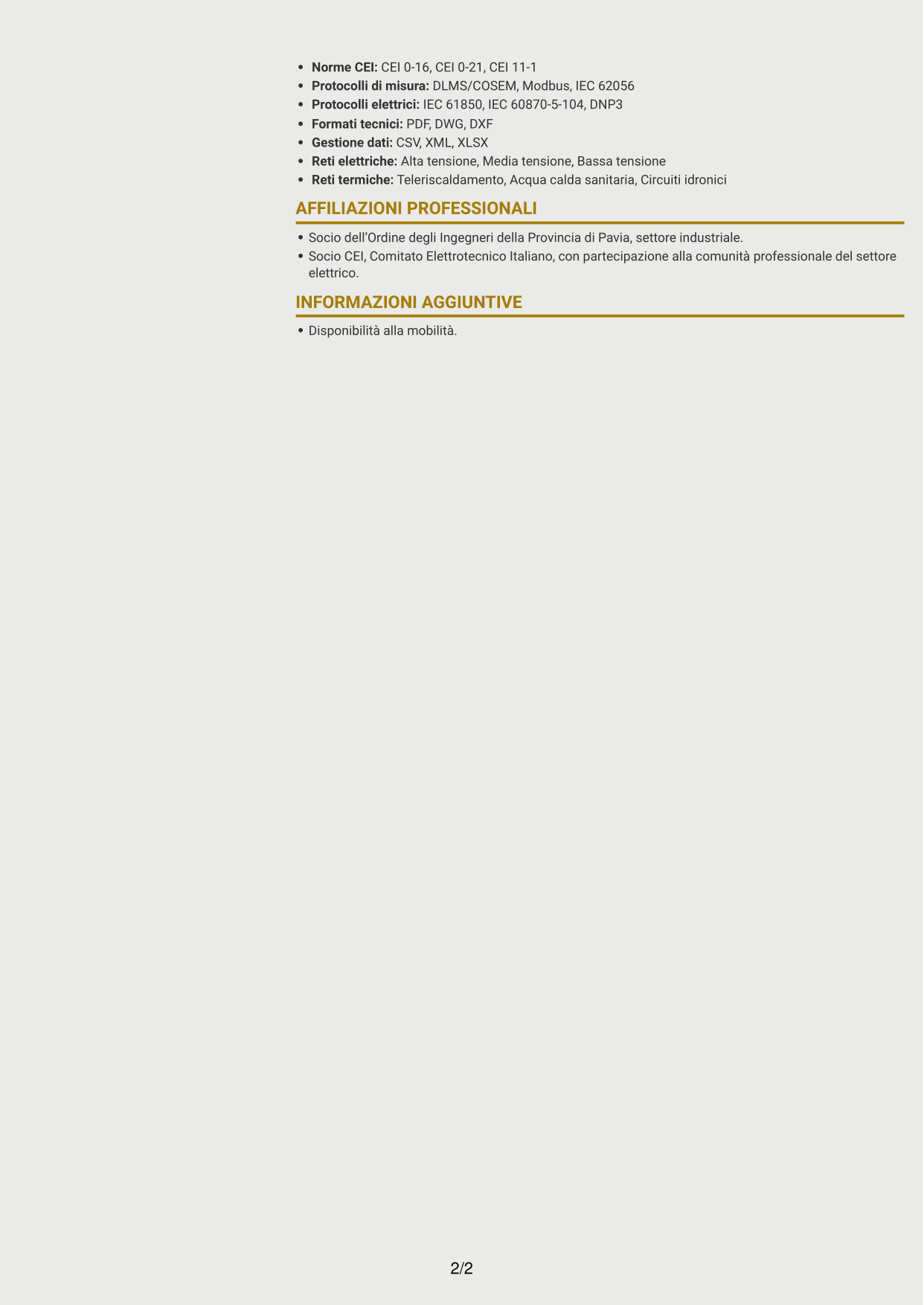 CV Dinamico (formato a due colonne con icone): Junior Servizi di Distribuzione - Metering e Regolazione, pagina 2