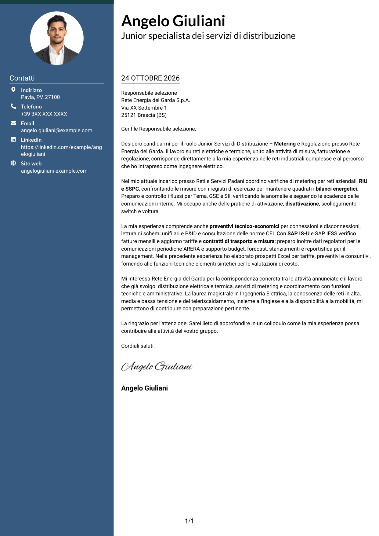 Lettera di presentazione Elegante (formato con colonna laterale colorata e foto): Junior Servizi di Distribuzione - Metering e Regolazione, pagina 1
