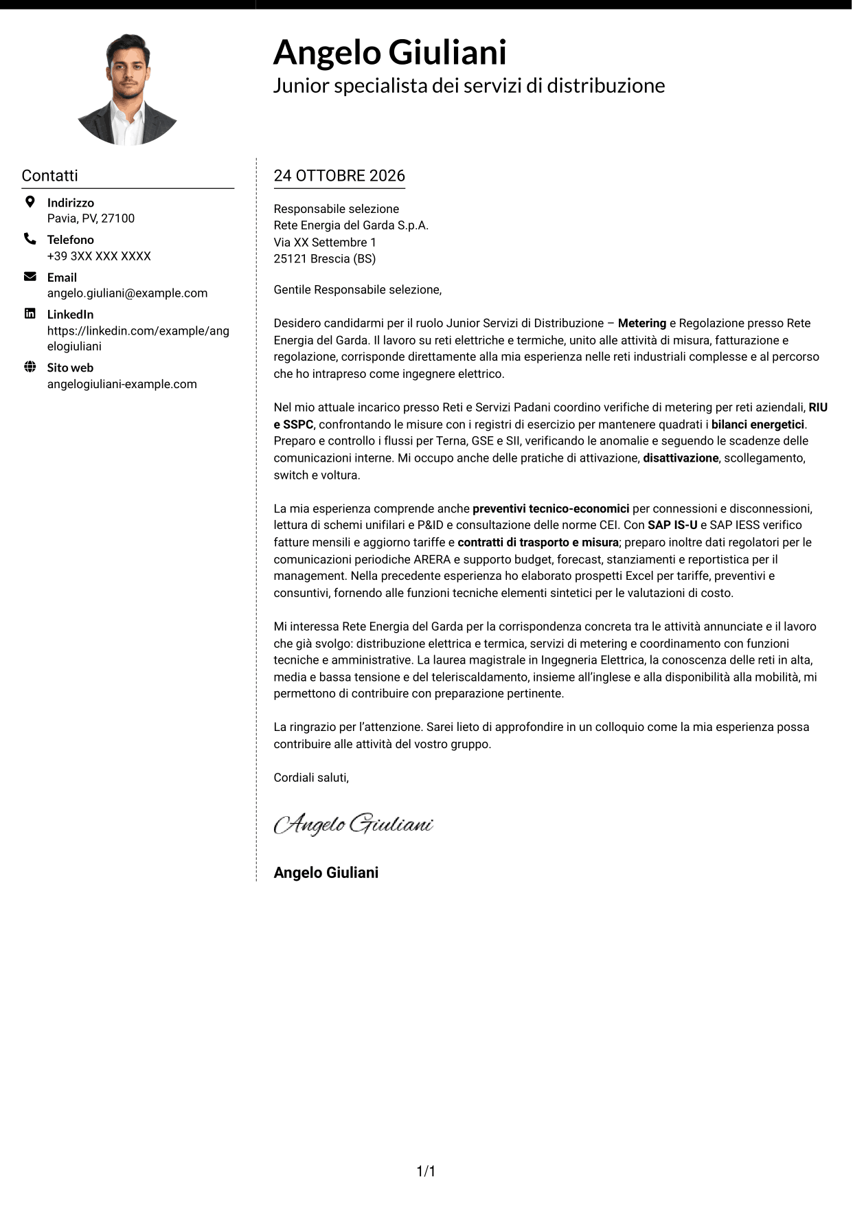 Lettera di presentazione Moderno (formato a due colonne con foto a sinistra e separatore): Junior Servizi di Distribuzione - Metering e Regolazione, pagina 1