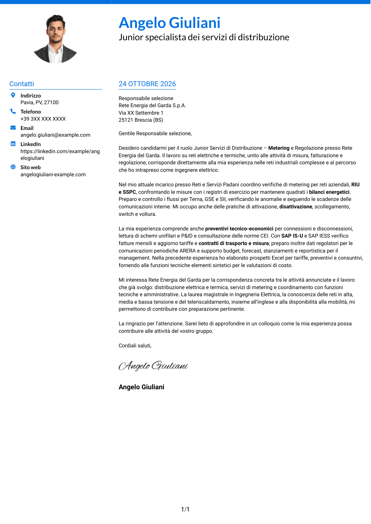 Lettera di presentazione Audace (formato a due colonne con accenti colorati e foto): Junior Servizi di Distribuzione - Metering e Regolazione, pagina 1