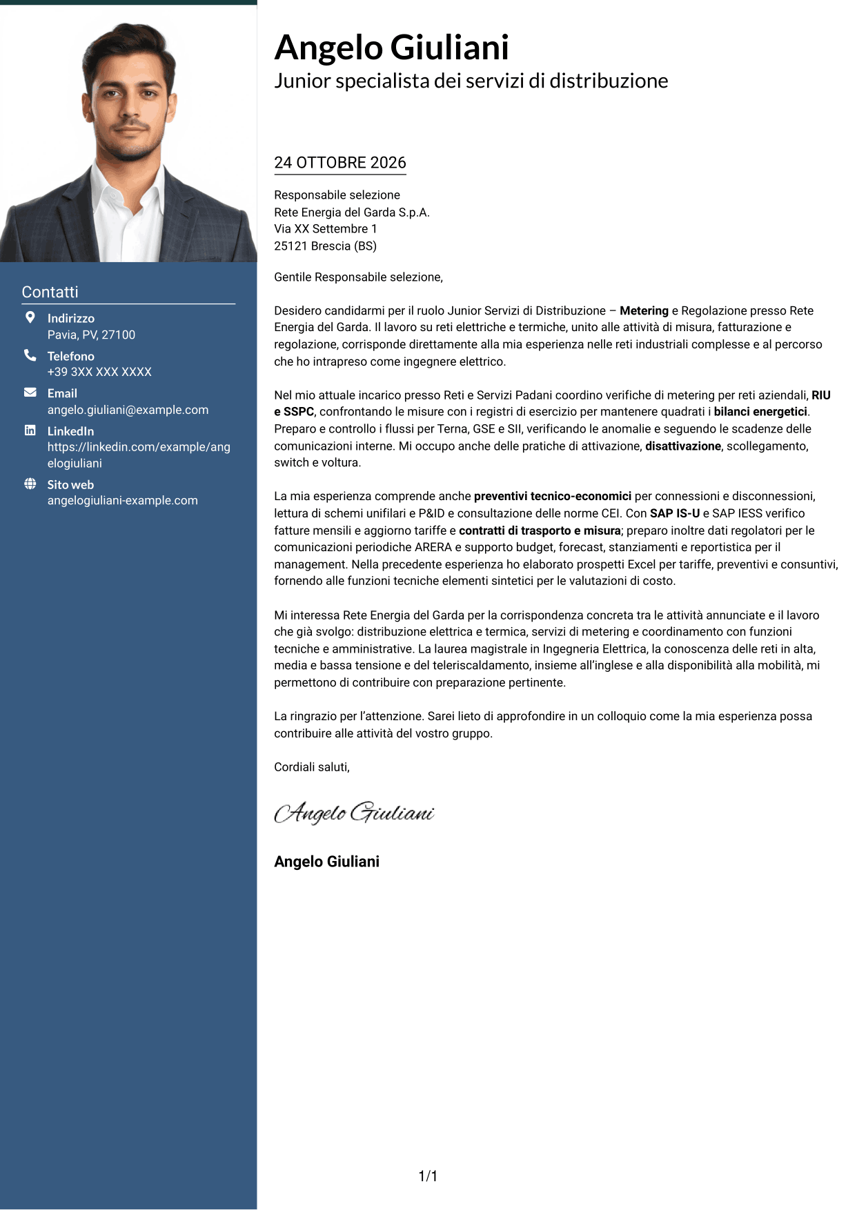 Lettera di presentazione Signature (formato con colonna laterale colorata e foto grande): Junior Servizi di Distribuzione - Metering e Regolazione, pagina 1