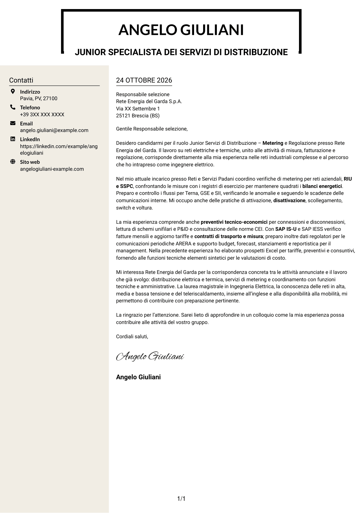 Lettera di presentazione Intraprendente (formato a due colonne con intestazione centrata senza foto): Junior Servizi di Distribuzione - Metering e Regolazione, pagina 1