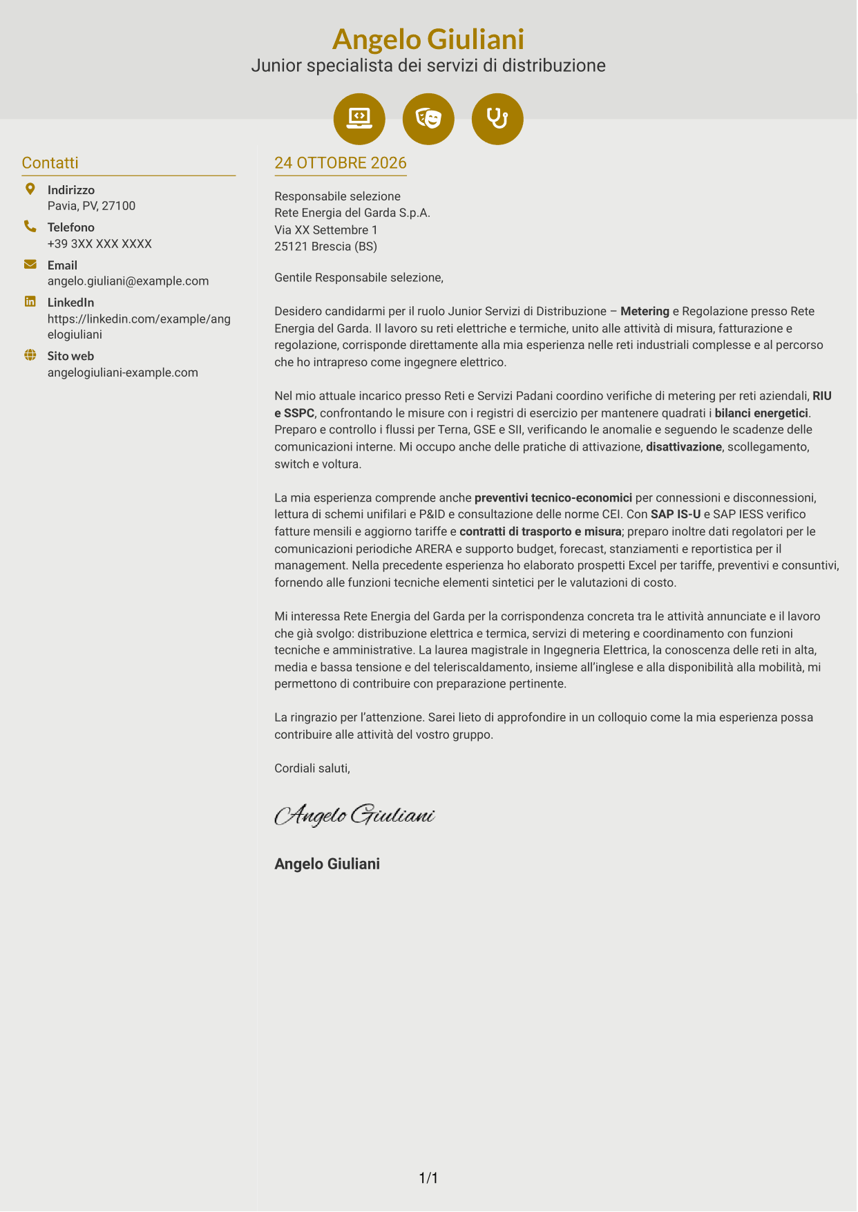 Lettera di presentazione Dinamico (formato a due colonne con icone): Junior Servizi di Distribuzione - Metering e Regolazione, pagina 1
