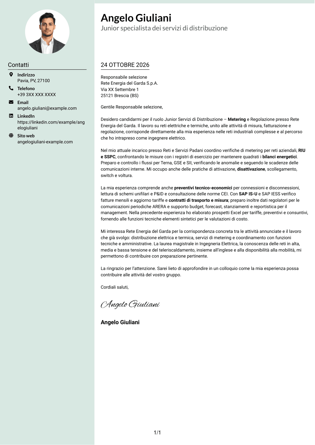 Lettera di presentazione Dirigente (formato con colonna laterale tenue e foto arrotondata): Junior Servizi di Distribuzione - Metering e Regolazione, pagina 1