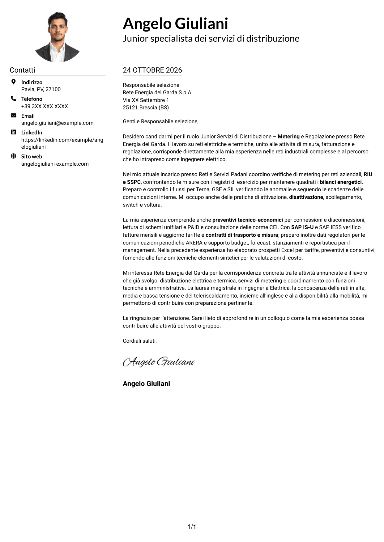 Esempio di lettera di presentazione — pagina 1
