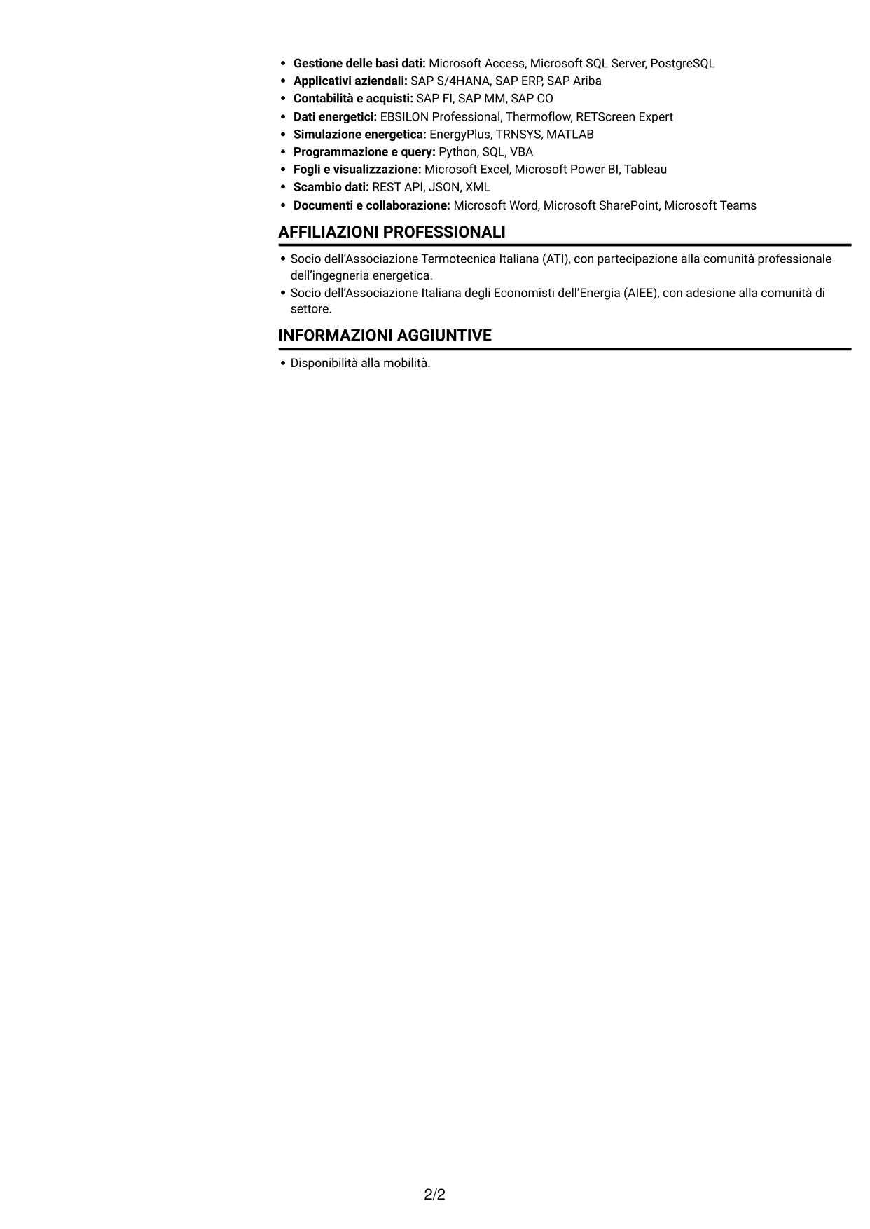 CV Compatto (formato sobrio a due colonne con foto): Junior Tecnologia di Produzione - Compravendita Utilities e Servizi di Sito, pagina 2