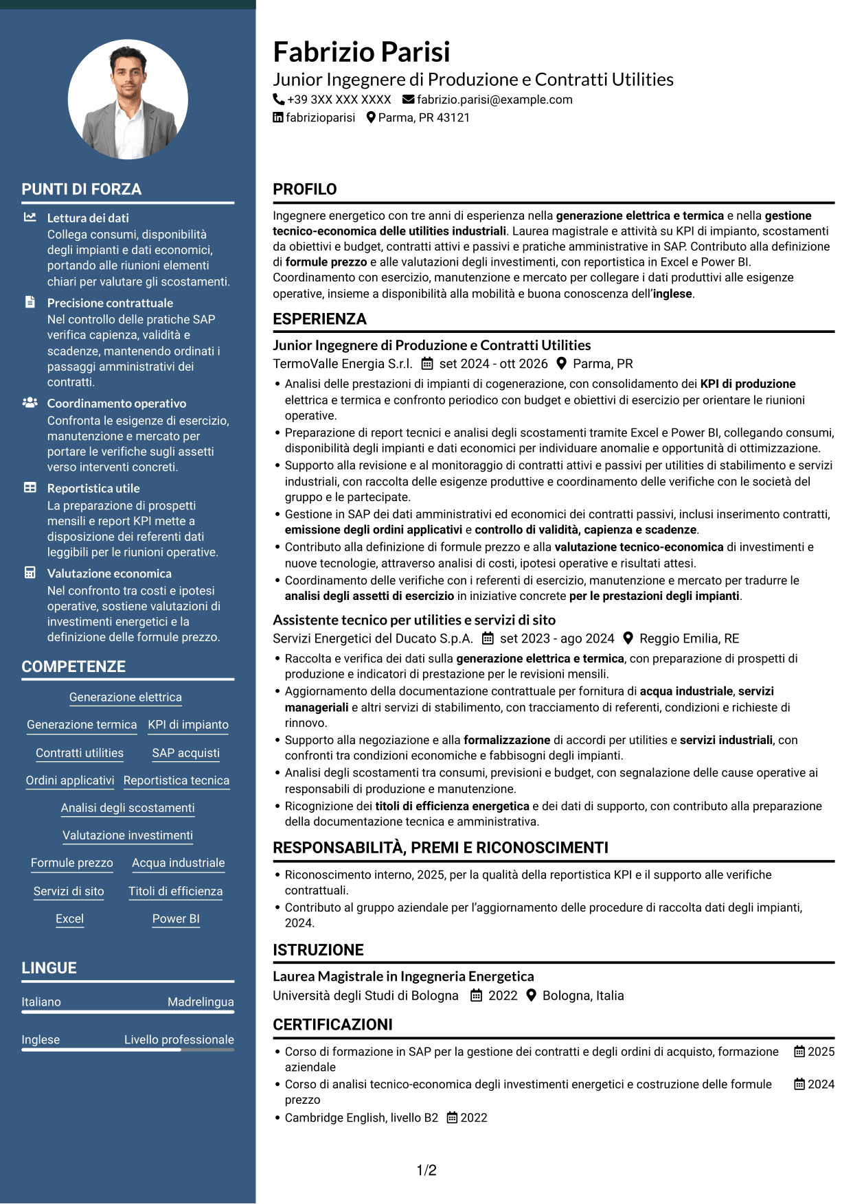 CV Elegante (formato con colonna laterale colorata e foto): Junior Tecnologia di Produzione - Compravendita Utilities e Servizi di Sito, pagina 1