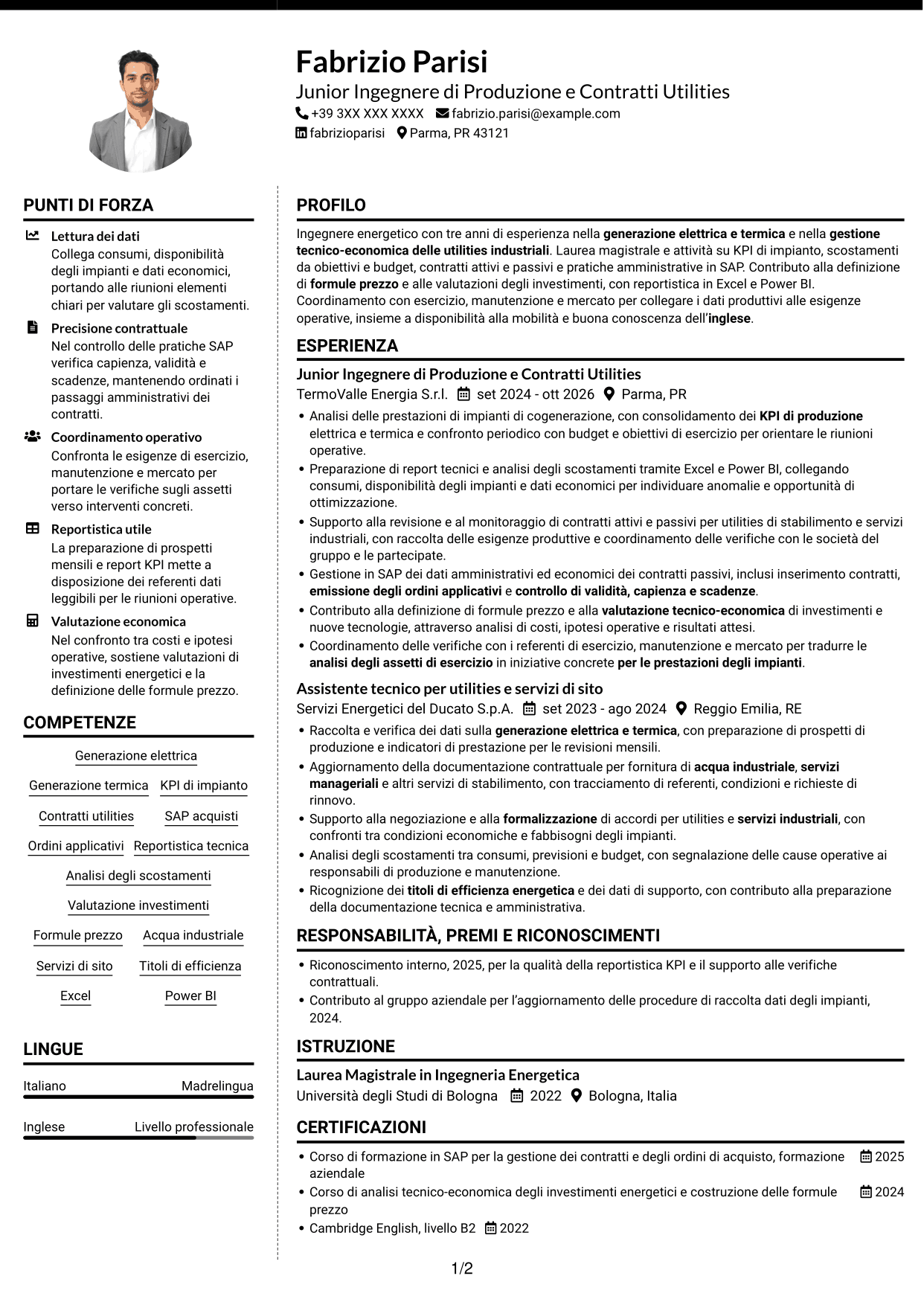 CV Moderno (formato a due colonne con foto a sinistra e separatore): Junior Tecnologia di Produzione - Compravendita Utilities e Servizi di Sito, pagina 1