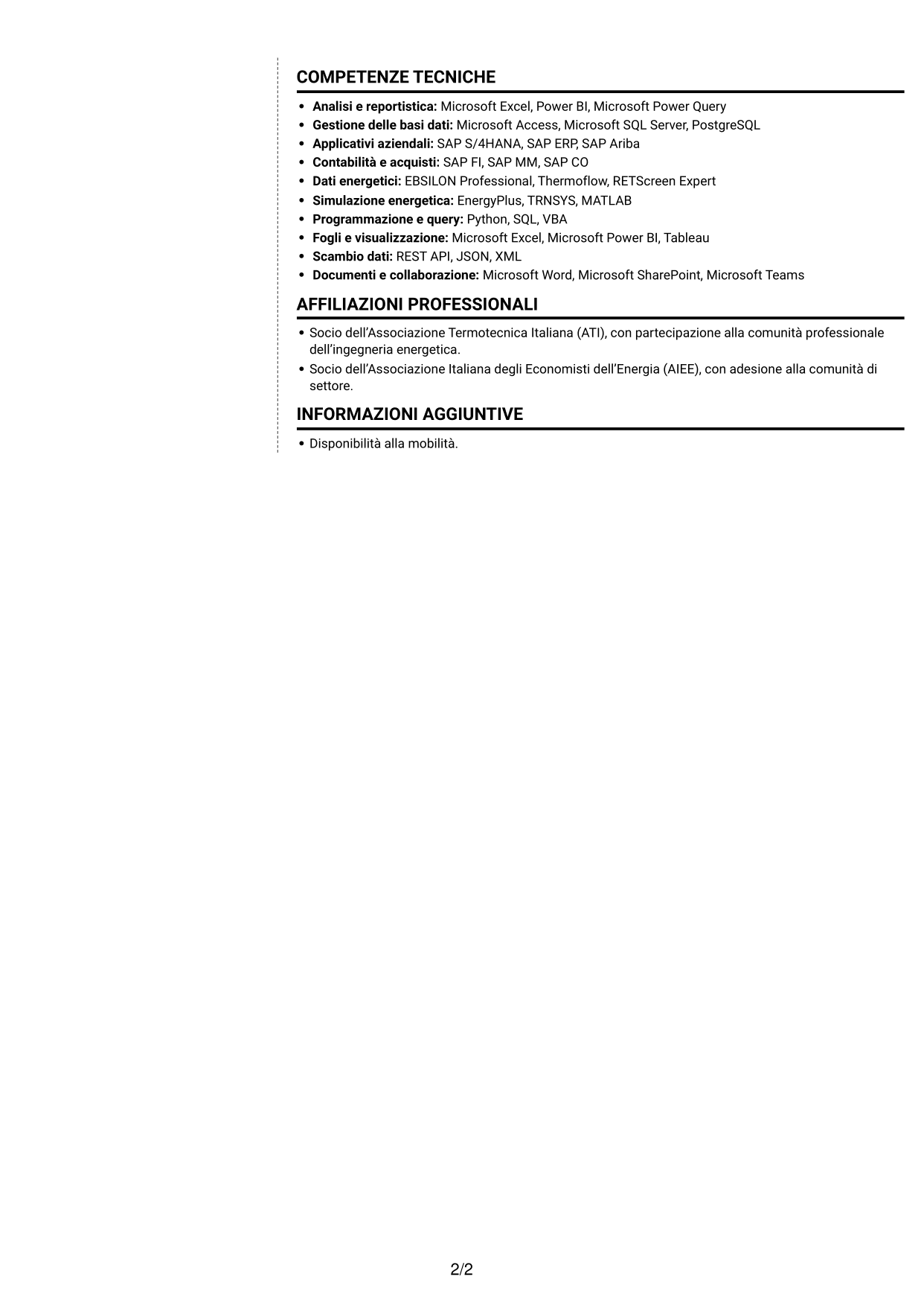 CV Moderno (formato a due colonne con foto a sinistra e separatore): Junior Tecnologia di Produzione - Compravendita Utilities e Servizi di Sito, pagina 2