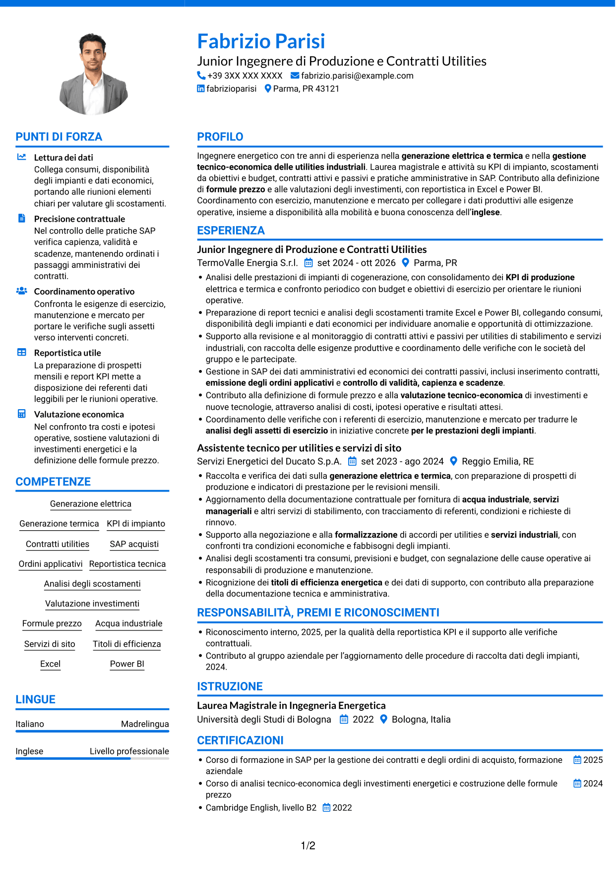 CV Audace (formato a due colonne con accenti colorati e foto): Junior Tecnologia di Produzione - Compravendita Utilities e Servizi di Sito, pagina 1
