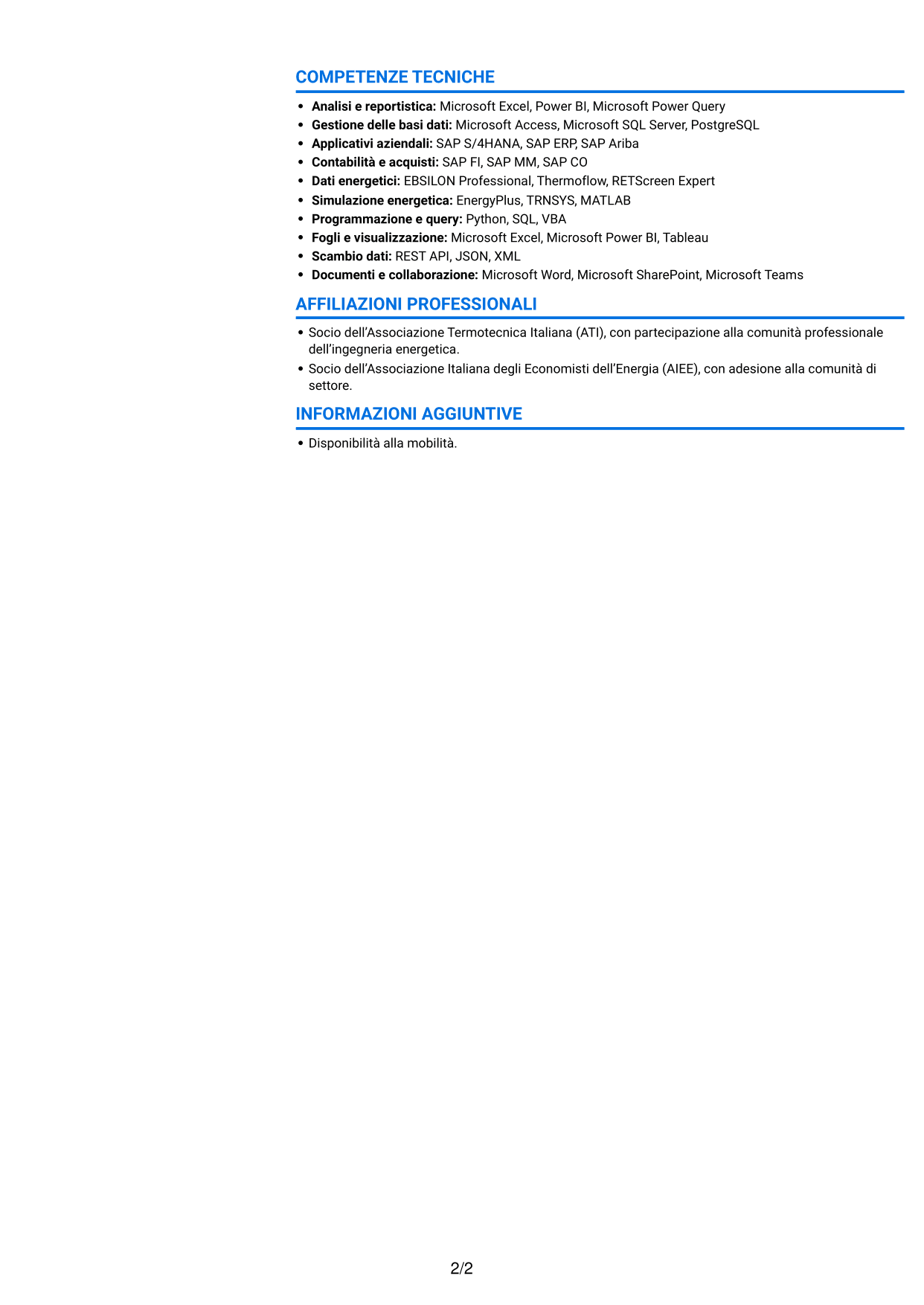 CV Audace (formato a due colonne con accenti colorati e foto): Junior Tecnologia di Produzione - Compravendita Utilities e Servizi di Sito, pagina 2