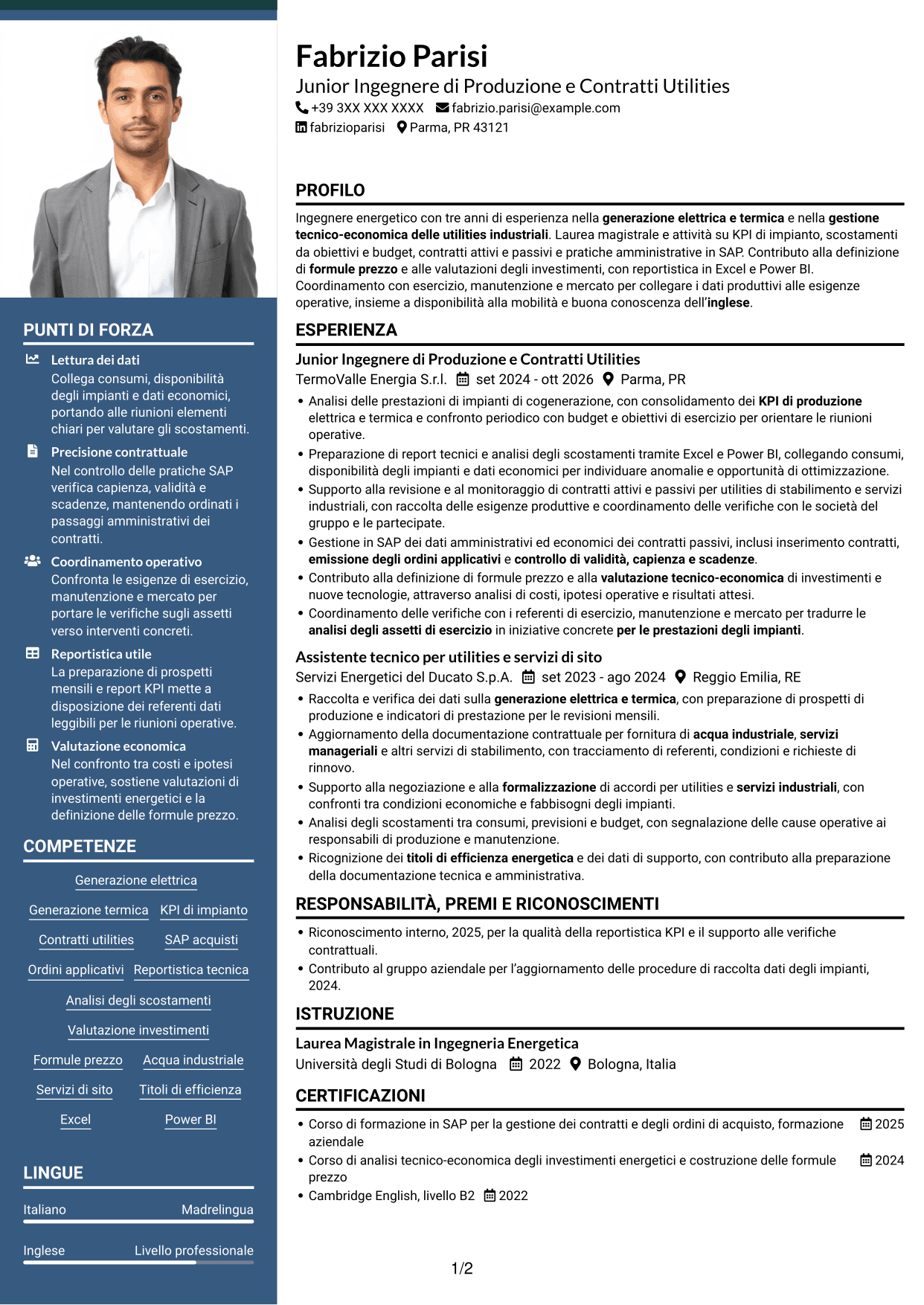 CV Signature (formato con colonna laterale colorata e foto grande): Junior Tecnologia di Produzione - Compravendita Utilities e Servizi di Sito, pagina 1