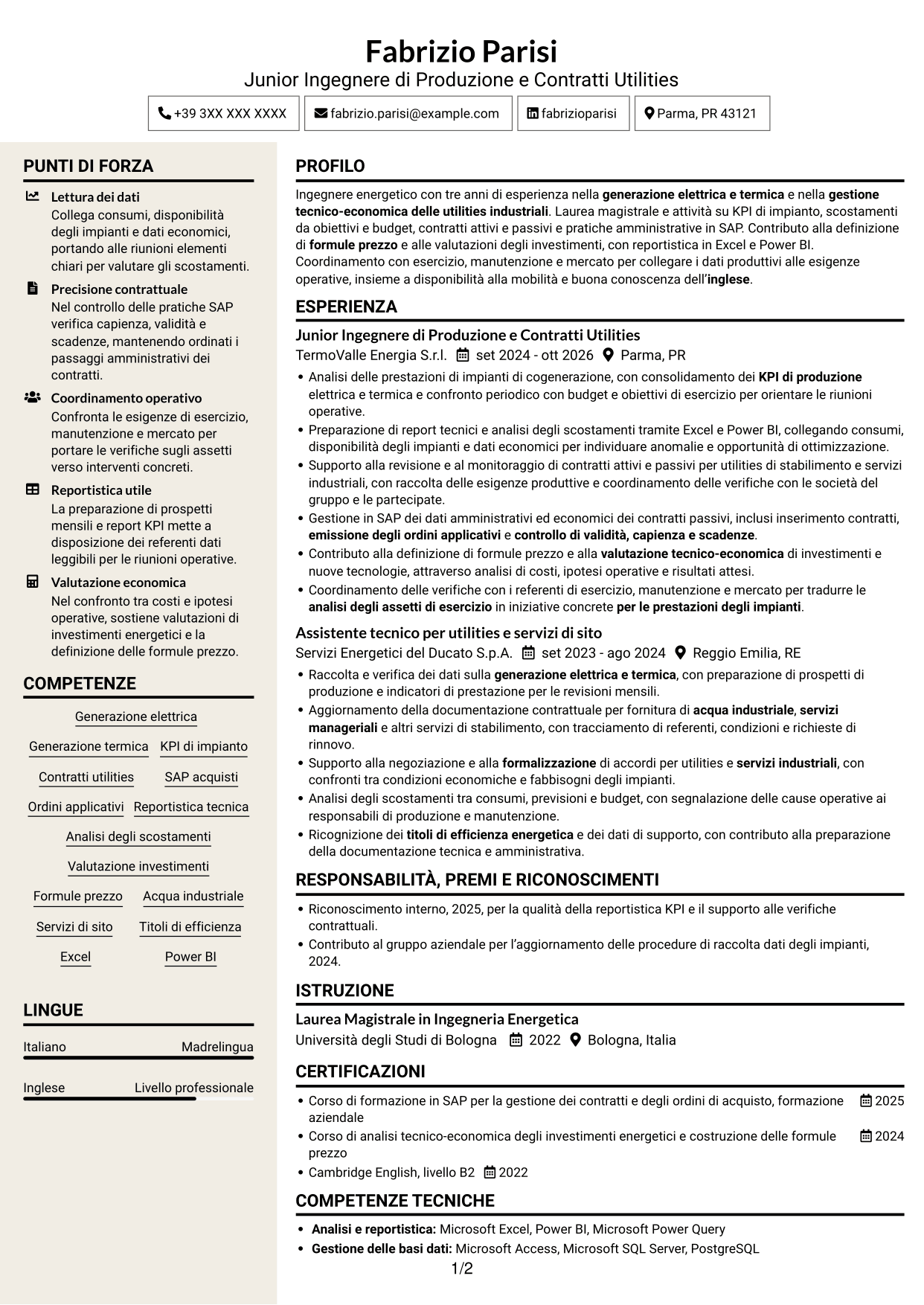 CV Intraprendente (formato a due colonne con intestazione centrata senza foto): Junior Tecnologia di Produzione - Compravendita Utilities e Servizi di Sito, pagina 1