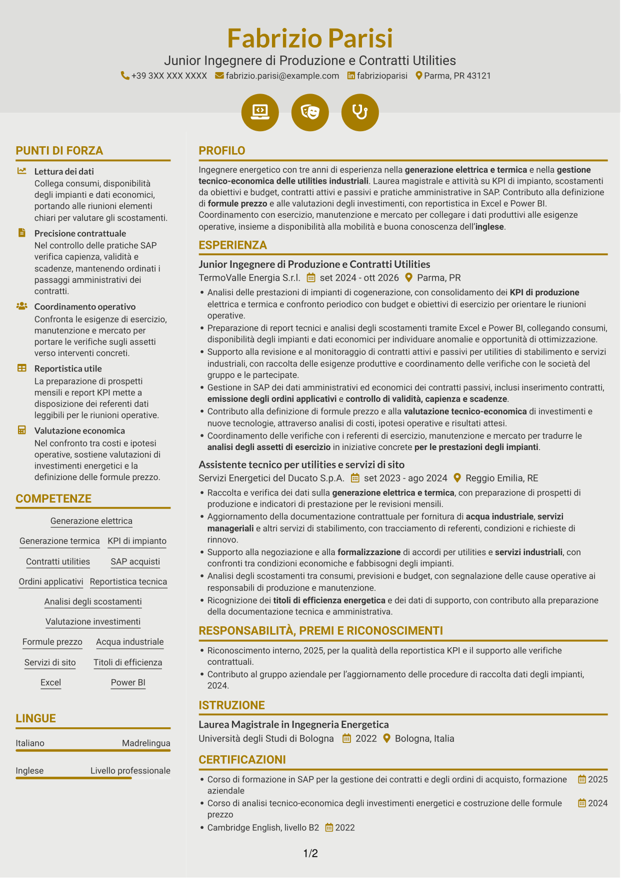 CV Dinamico (formato a due colonne con icone): Junior Tecnologia di Produzione - Compravendita Utilities e Servizi di Sito, pagina 1