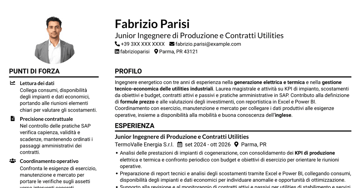 7 modelli di CV per Junior Tecnologia di Produzione - Compravendita Utilities e Servizi di Sito, con esempi