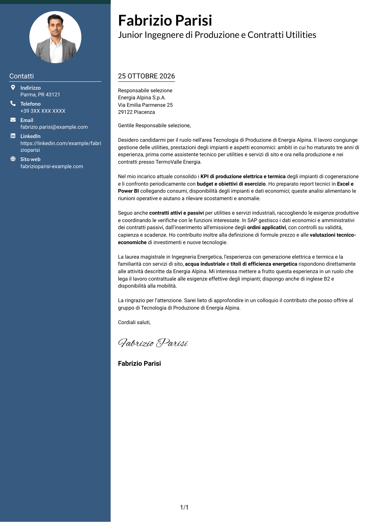 Lettera di presentazione Elegante (formato con colonna laterale colorata e foto): Junior Tecnologia di Produzione - Compravendita Utilities e Servizi di Sito, pagina 1