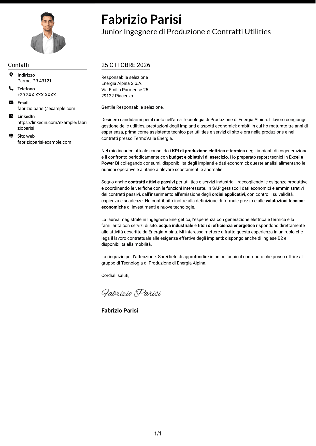 Lettera di presentazione Moderno (formato a due colonne con foto a sinistra e separatore): Junior Tecnologia di Produzione - Compravendita Utilities e Servizi di Sito, pagina 1