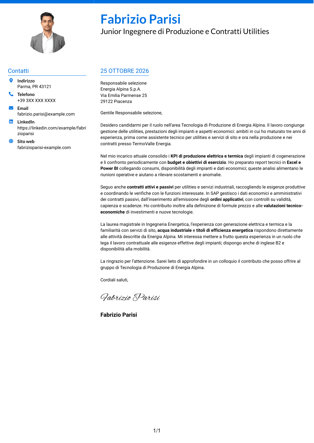 Lettera di presentazione Audace (formato a due colonne con accenti colorati e foto): Junior Tecnologia di Produzione - Compravendita Utilities e Servizi di Sito, pagina 1