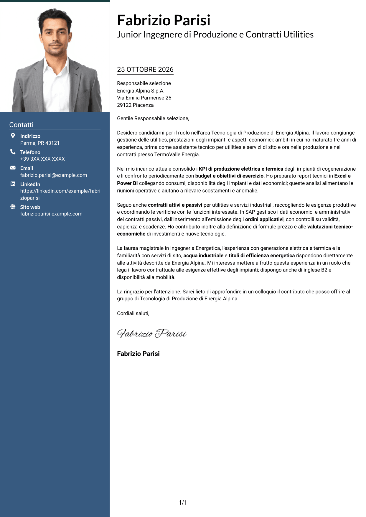Lettera di presentazione Signature (formato con colonna laterale colorata e foto grande): Junior Tecnologia di Produzione - Compravendita Utilities e Servizi di Sito, pagina 1