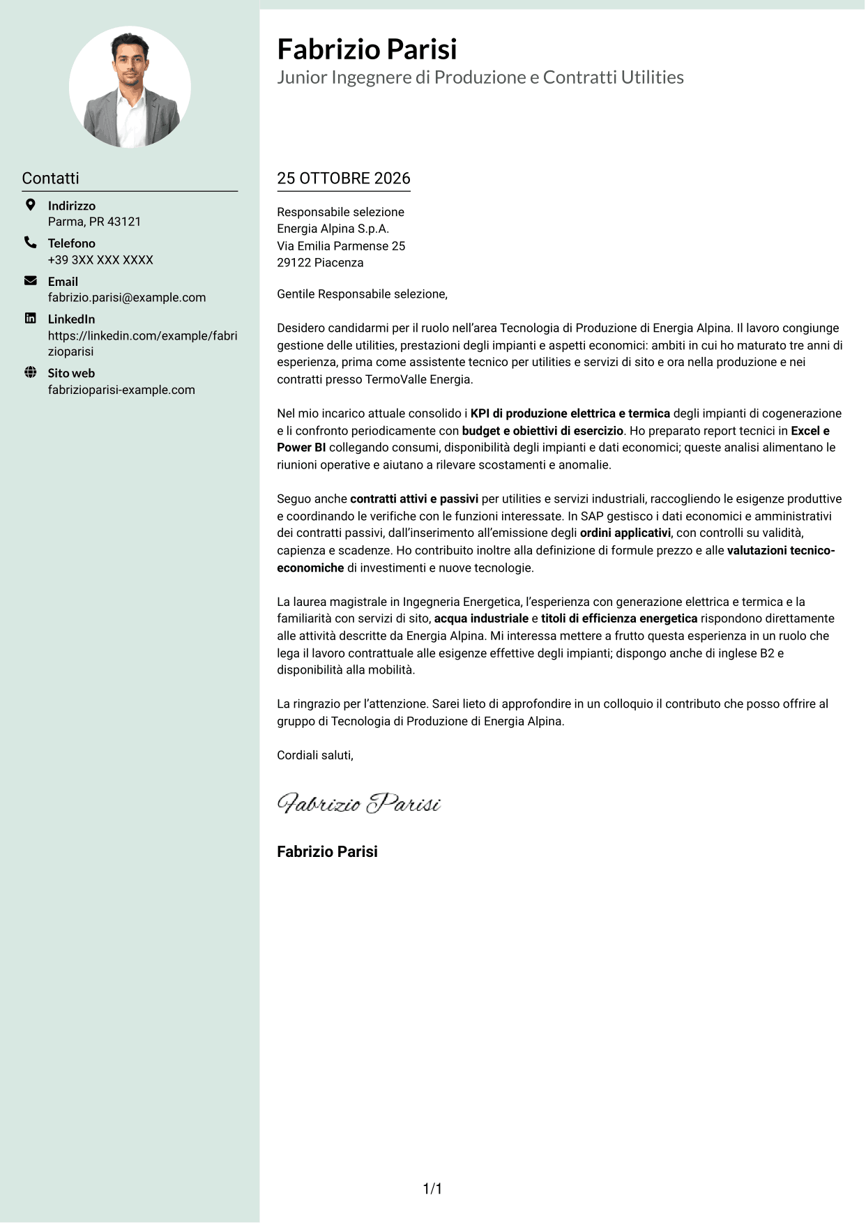 Lettera di presentazione Dirigente (formato con colonna laterale tenue e foto arrotondata): Junior Tecnologia di Produzione - Compravendita Utilities e Servizi di Sito, pagina 1