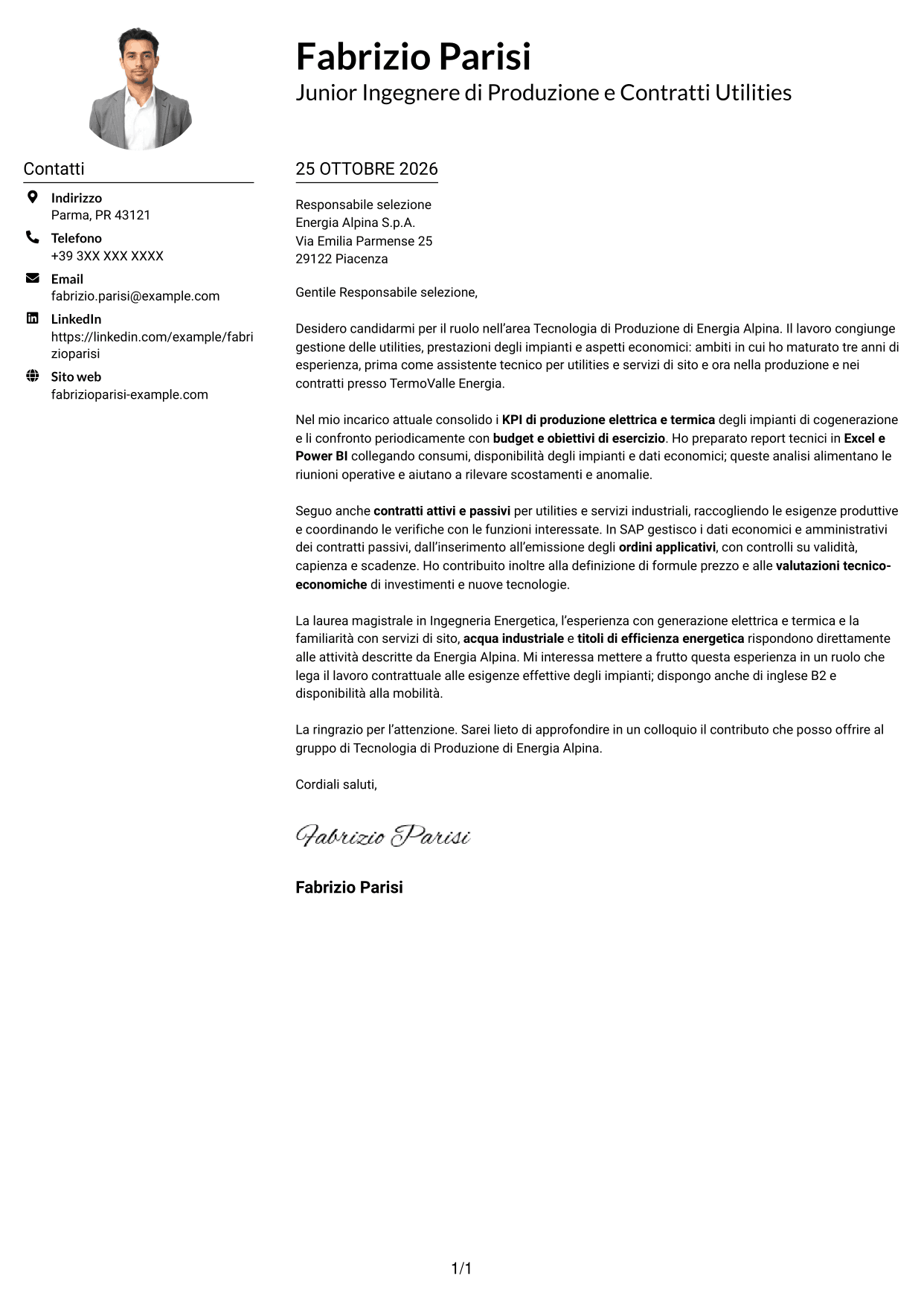 Esempio di lettera di presentazione — pagina 1