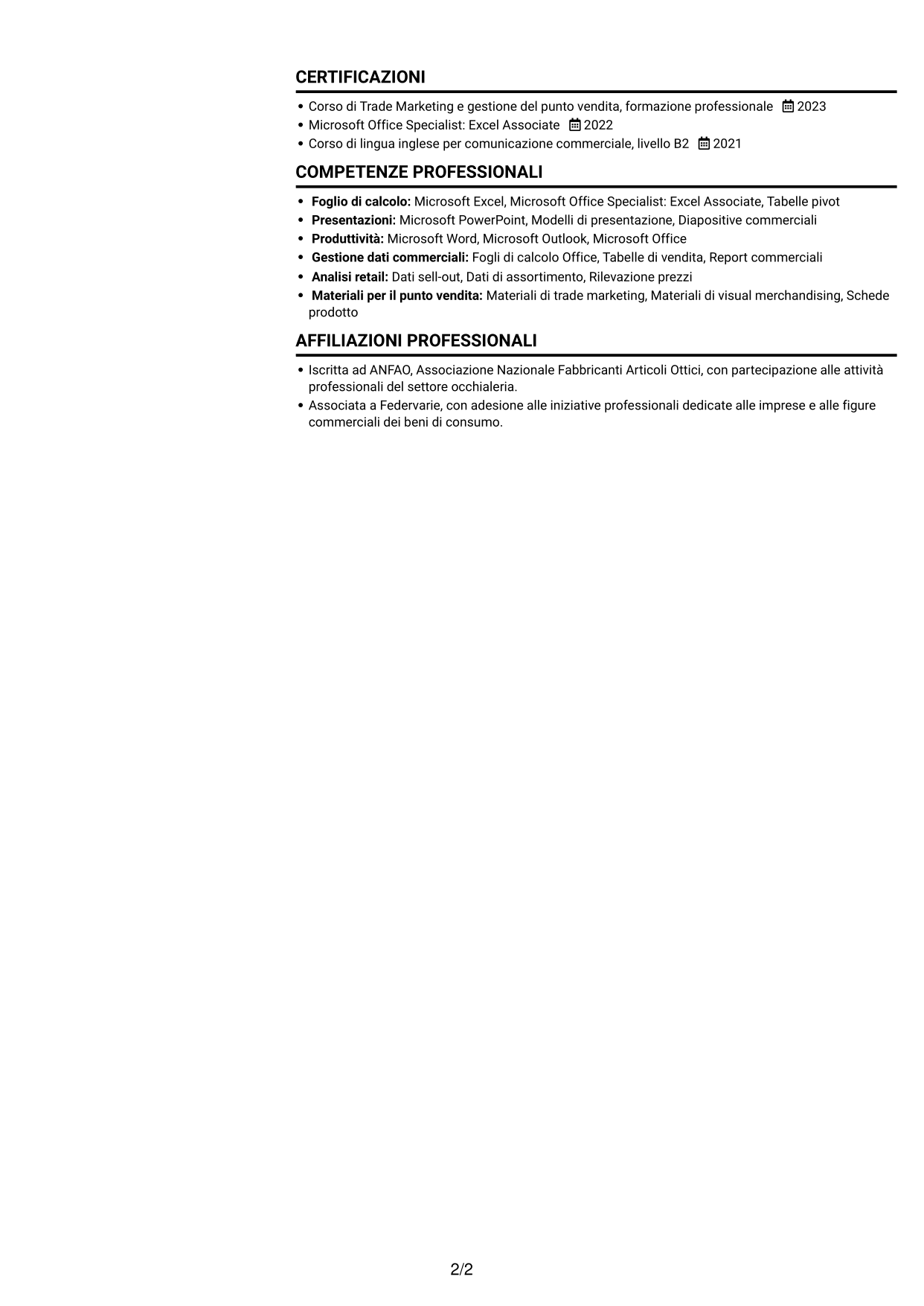 CV Compatto (formato sobrio a due colonne con foto): Luxury Brand Ambassador - Eyewear, pagina 2
