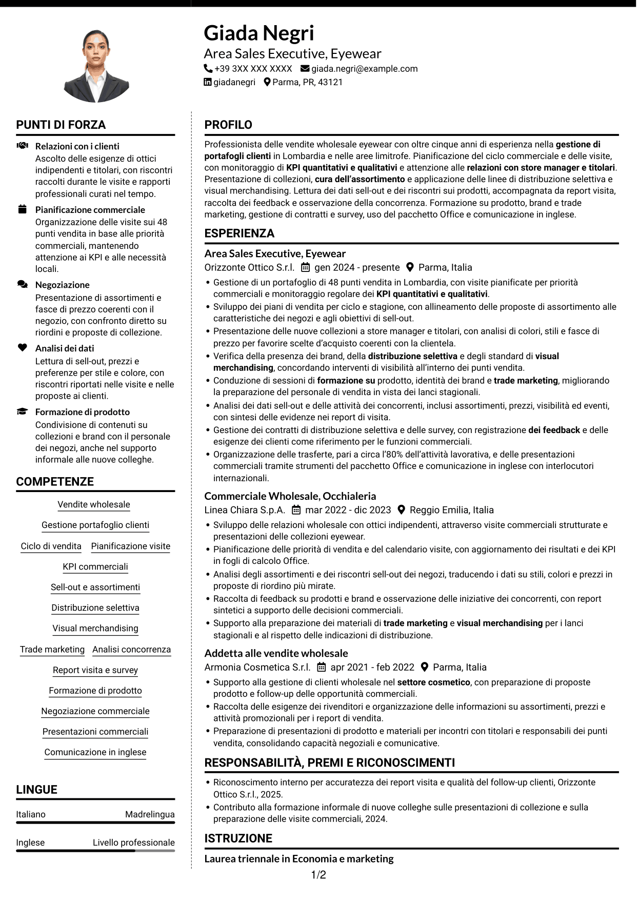 CV Moderno (formato a due colonne con foto a sinistra e separatore): Luxury Brand Ambassador - Eyewear, pagina 1