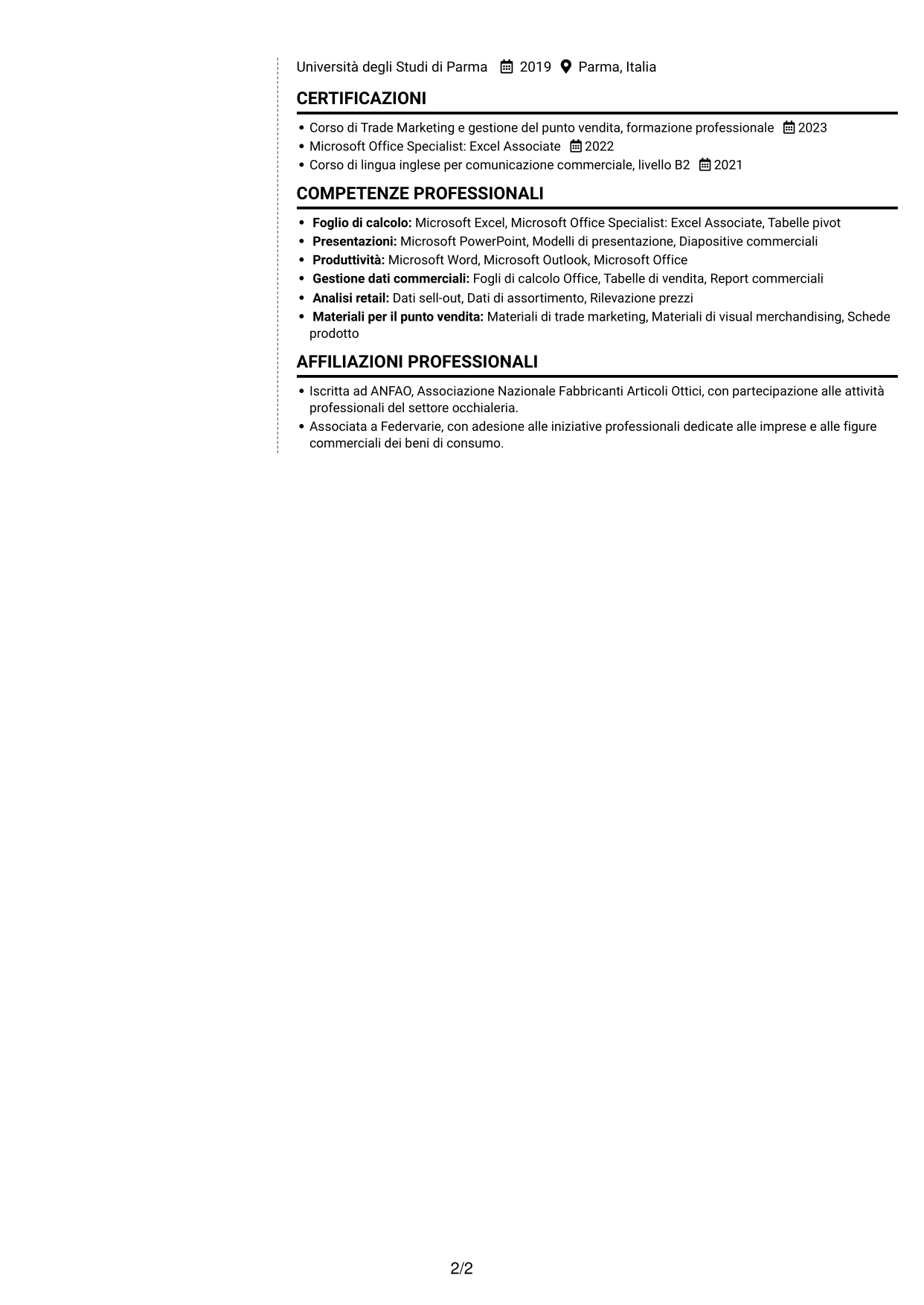 CV Moderno (formato a due colonne con foto a sinistra e separatore): Luxury Brand Ambassador - Eyewear, pagina 2