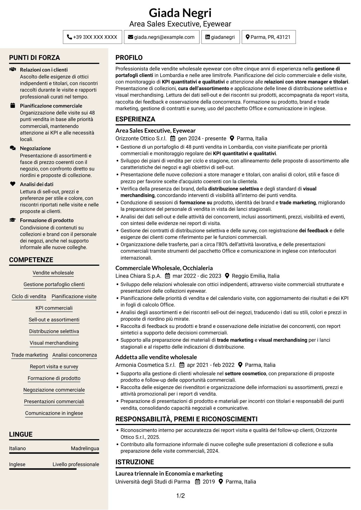 CV Intraprendente (formato a due colonne con intestazione centrata senza foto): Luxury Brand Ambassador - Eyewear, pagina 1