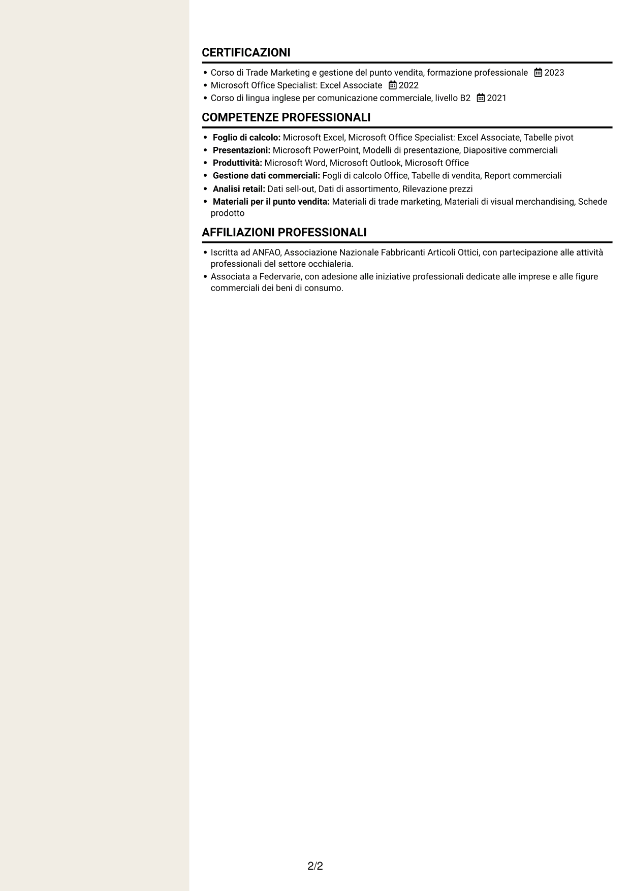 CV Intraprendente (formato a due colonne con intestazione centrata senza foto): Luxury Brand Ambassador - Eyewear, pagina 2