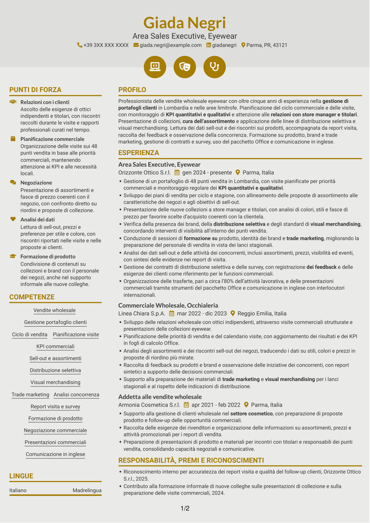 CV Dinamico (formato a due colonne con icone): Luxury Brand Ambassador - Eyewear, pagina 1