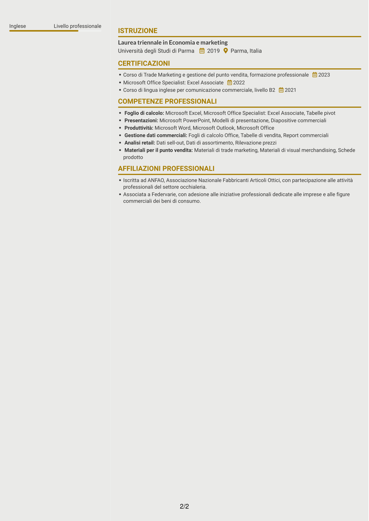 CV Dinamico (formato a due colonne con icone): Luxury Brand Ambassador - Eyewear, pagina 2