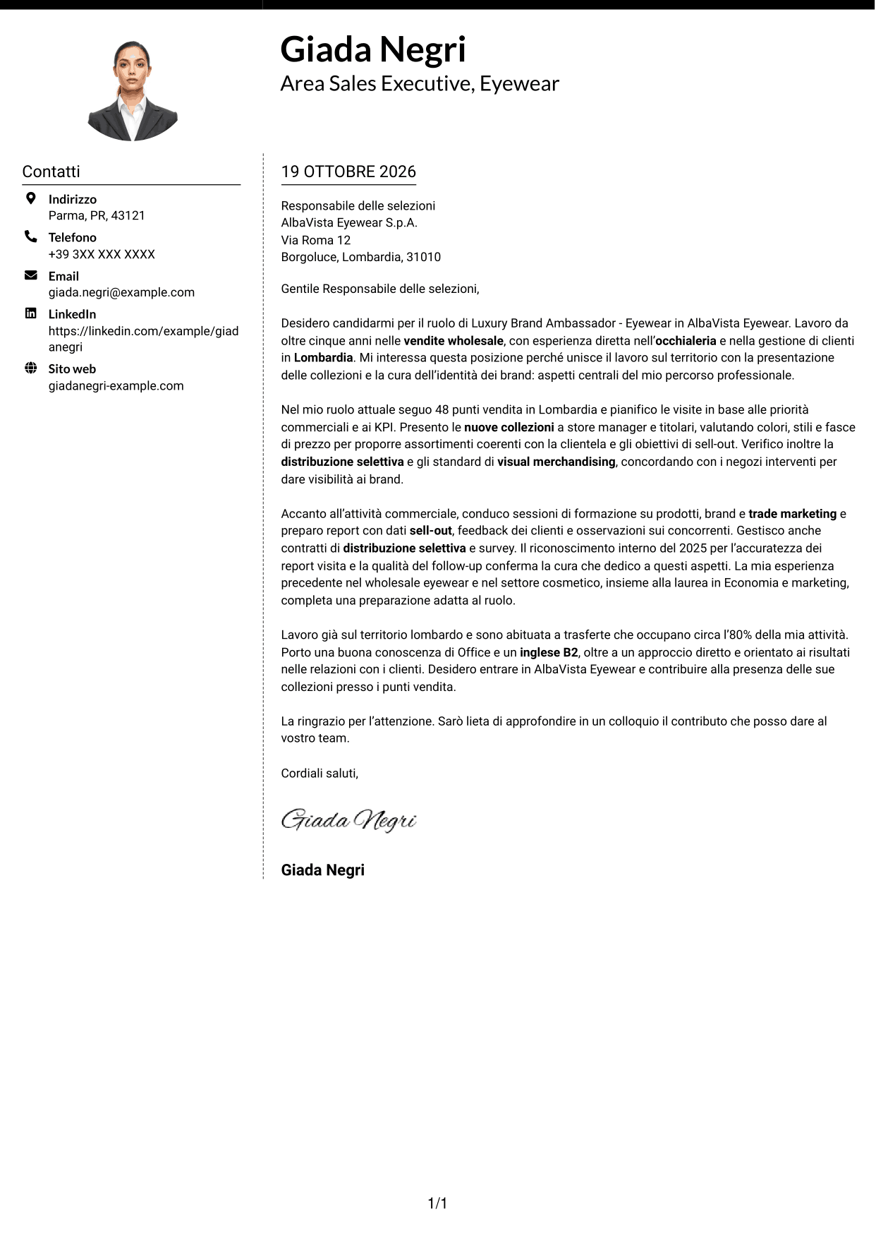 Lettera di presentazione Moderno (formato a due colonne con foto a sinistra e separatore): Luxury Brand Ambassador - Eyewear, pagina 1