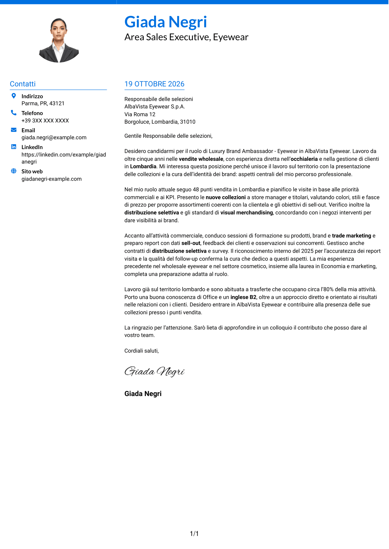 Lettera di presentazione Audace (formato a due colonne con accenti colorati e foto): Luxury Brand Ambassador - Eyewear, pagina 1