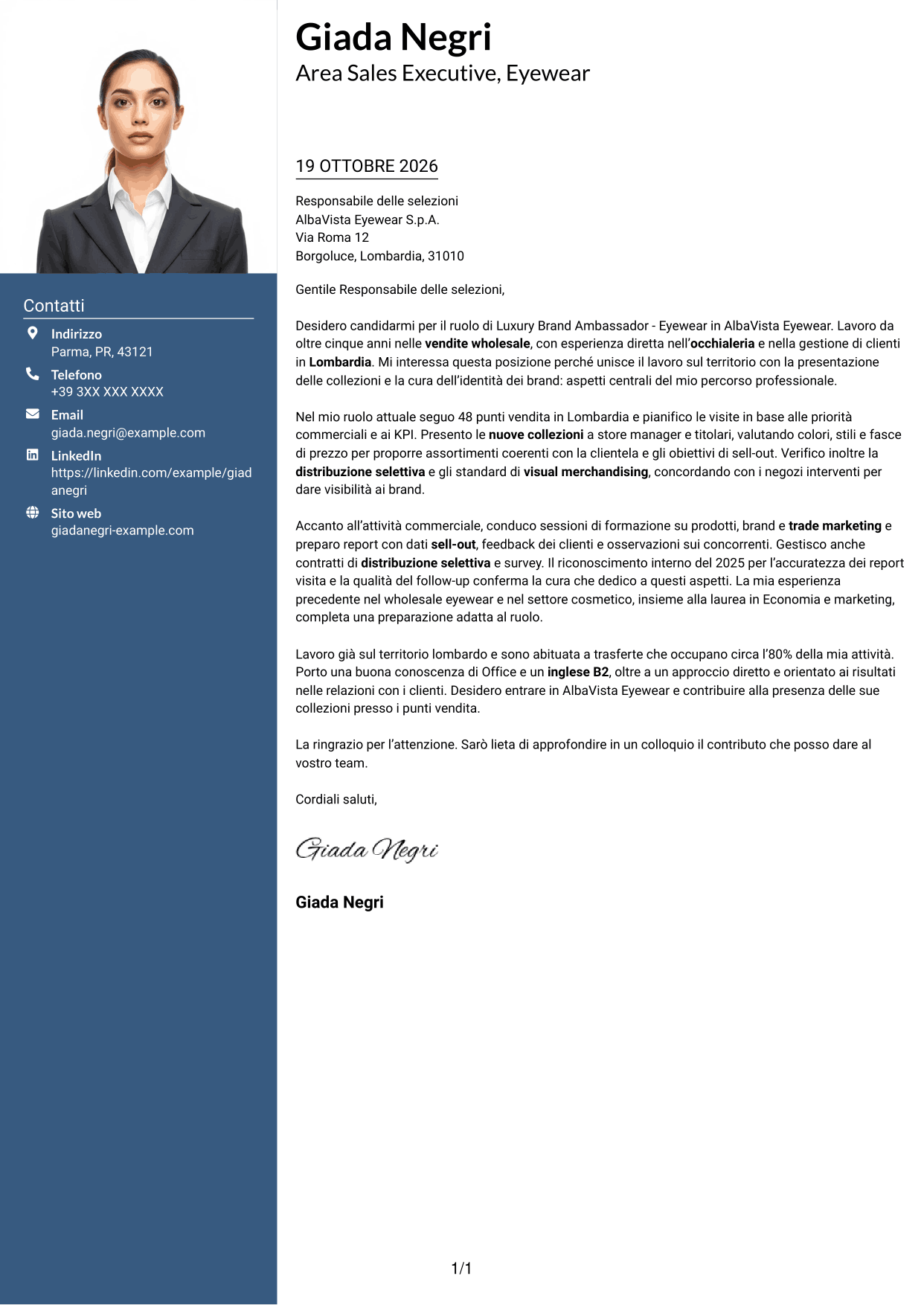 Lettera di presentazione Signature (formato con colonna laterale colorata e foto grande): Luxury Brand Ambassador - Eyewear, pagina 1