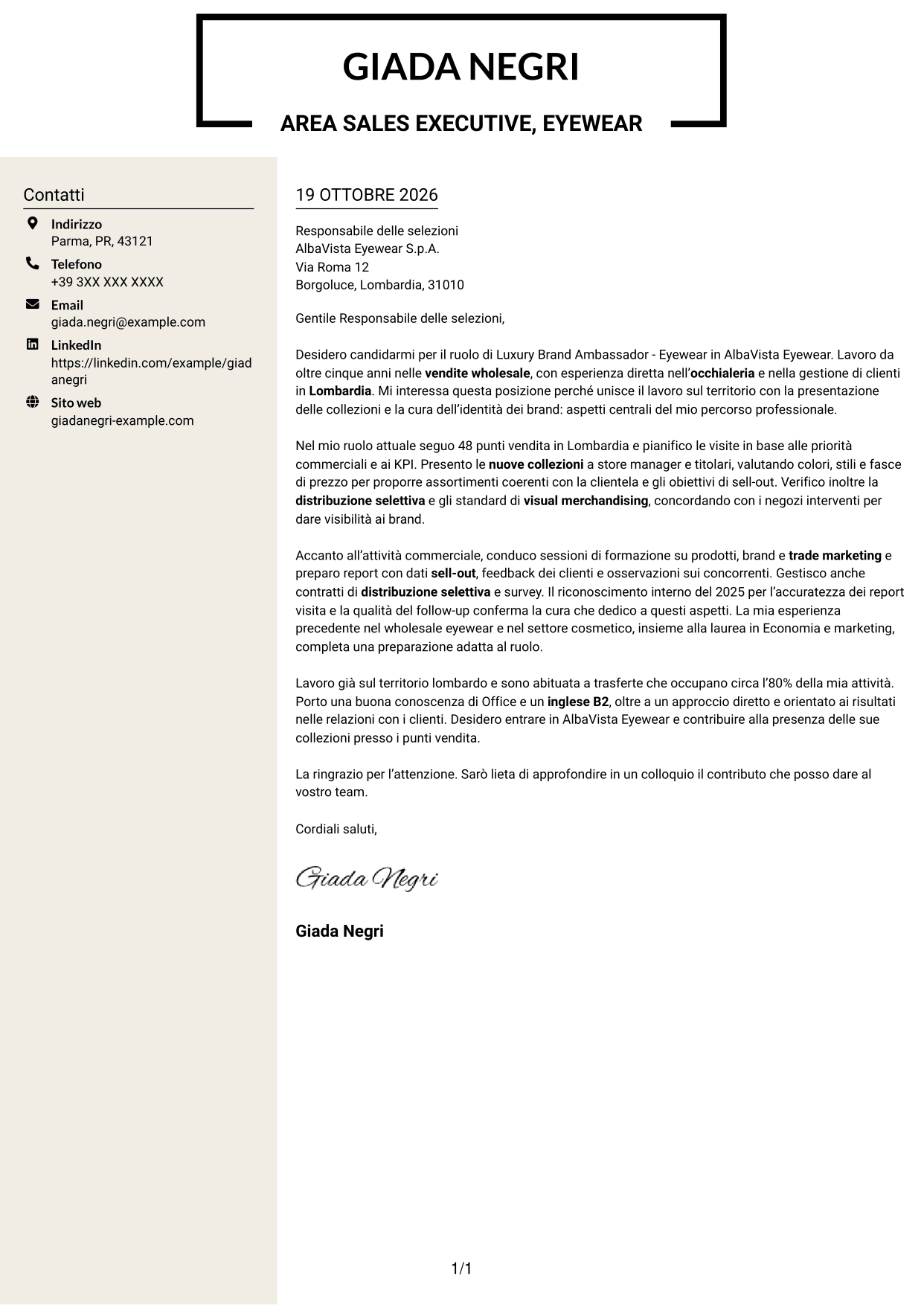 Lettera di presentazione Intraprendente (formato a due colonne con intestazione centrata senza foto): Luxury Brand Ambassador - Eyewear, pagina 1