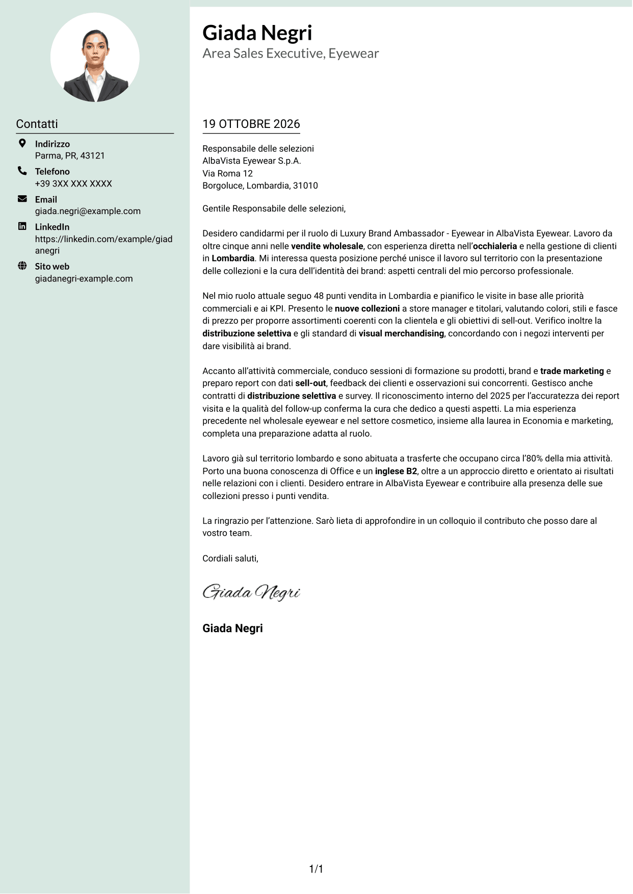 Lettera di presentazione Dirigente (formato con colonna laterale tenue e foto arrotondata): Luxury Brand Ambassador - Eyewear, pagina 1