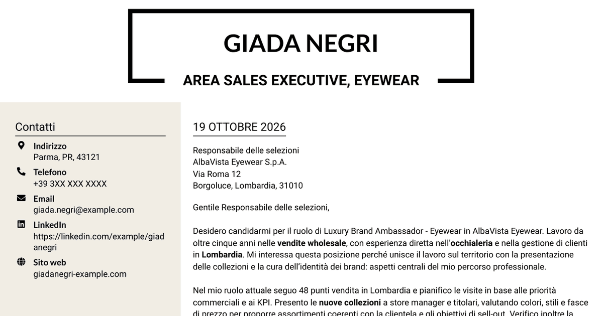 7 modelli di lettera di presentazione per Luxury Brand Ambassador - Eyewear, con esempi
