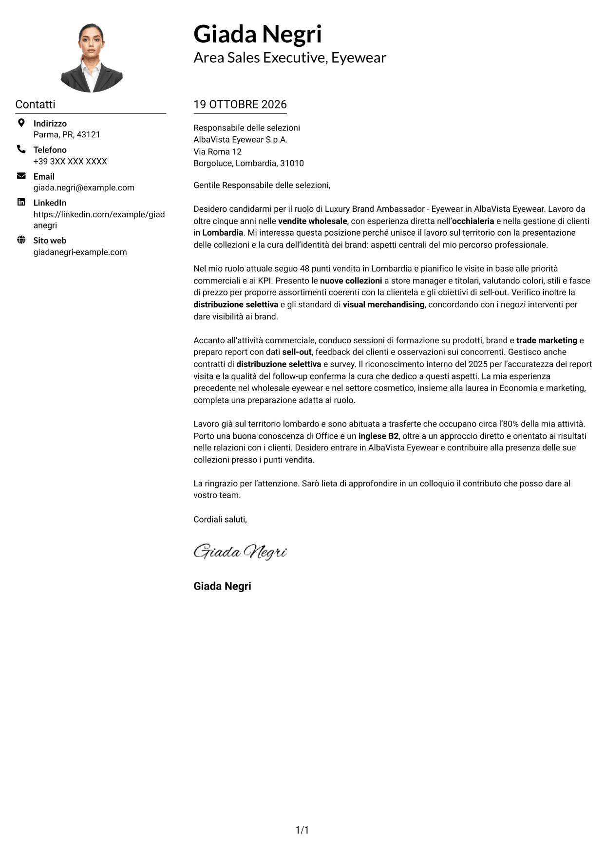 Esempio di lettera di presentazione — pagina 1